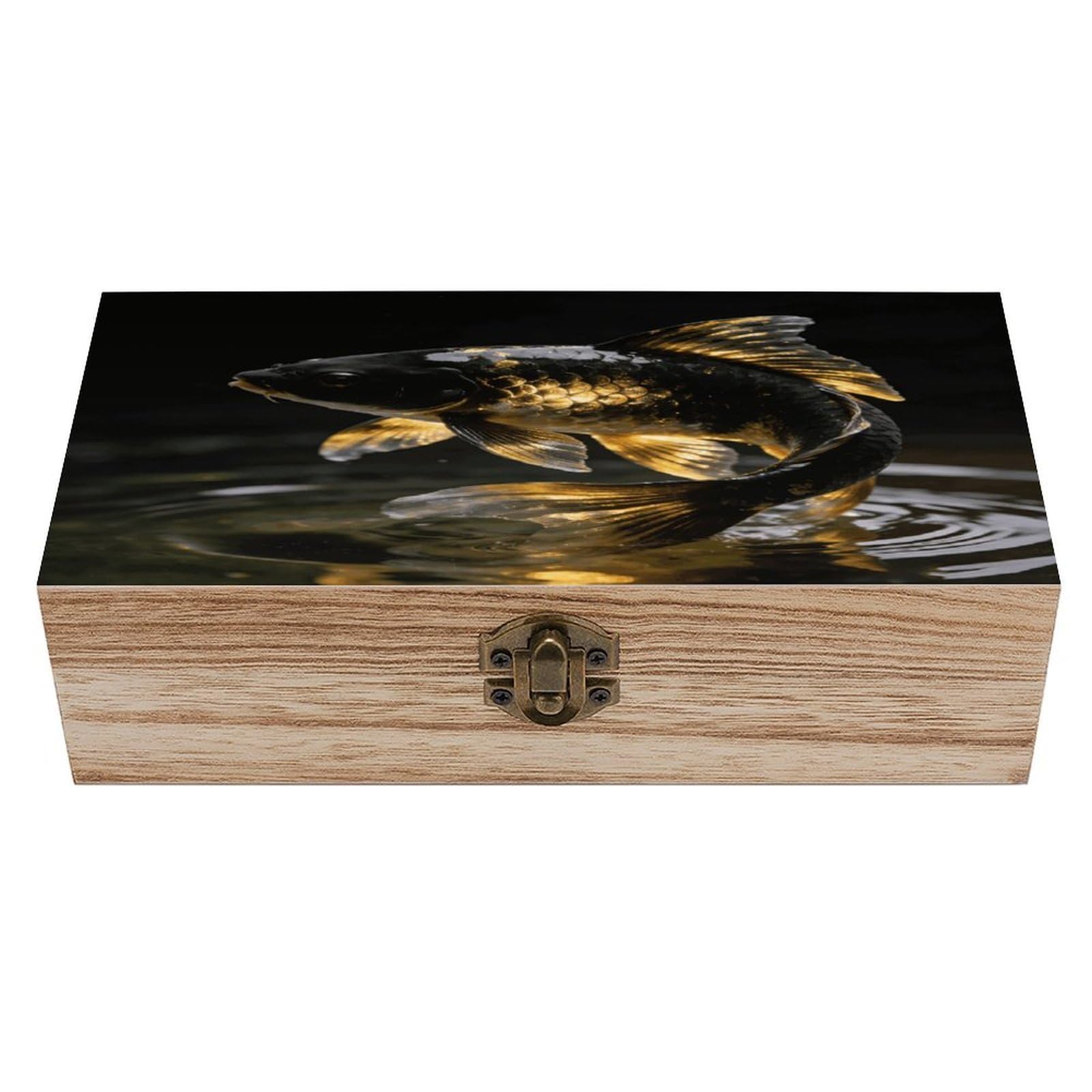 LZQPOEAS Black Gold Koi Wooden Keepsake Box Wooden Storage Box Container with Hinged Lid Beautiful Wood Memory Box Decorative Jewelry Case for Crafts Art Hobbies & Trinket Storage