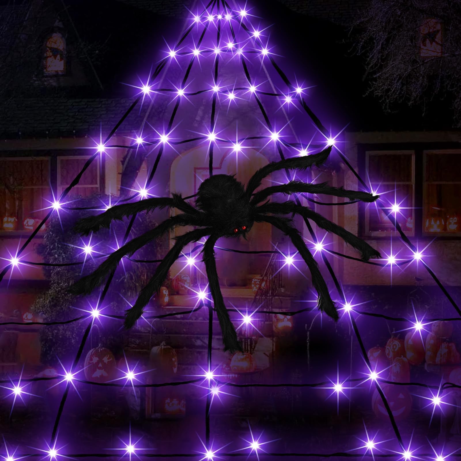 Halloween Spider Web Lights Outdoor Decorations, 19.7FT Giant Spider Web with Large Hairy Spider and 250 Purple LED Lights, 8 Lighting Modes Hanging Waterproof Lighted Decor for Yard Outside
