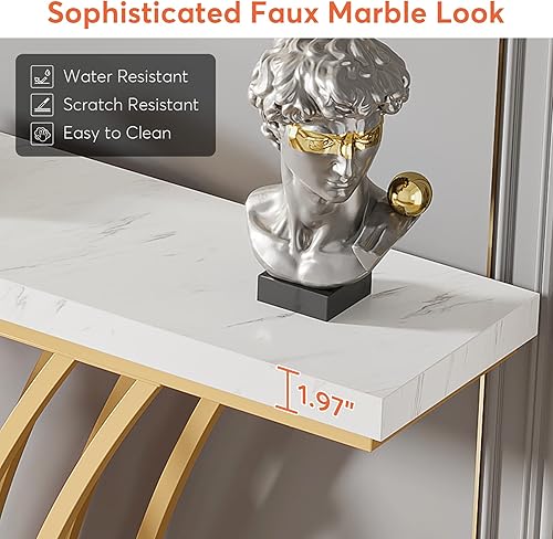 Miniatura 6 de Tribesigns Mesa consola dorada de 59 pulgadas, mesa de entrada moderna con base de metal en forma de rejilla para entrada, pasillo, entrada, sala de