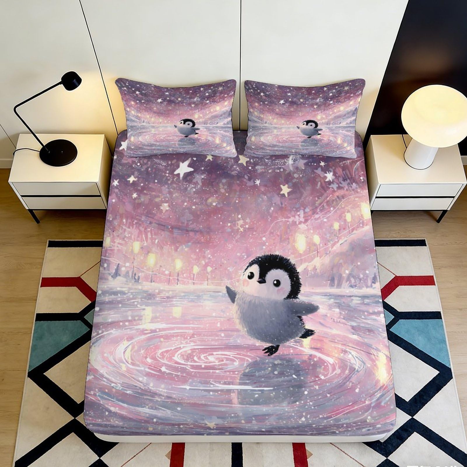 3D Printed Fantasy Penguin Fitted Sheet, Microfiber Bed Cover, non-slip