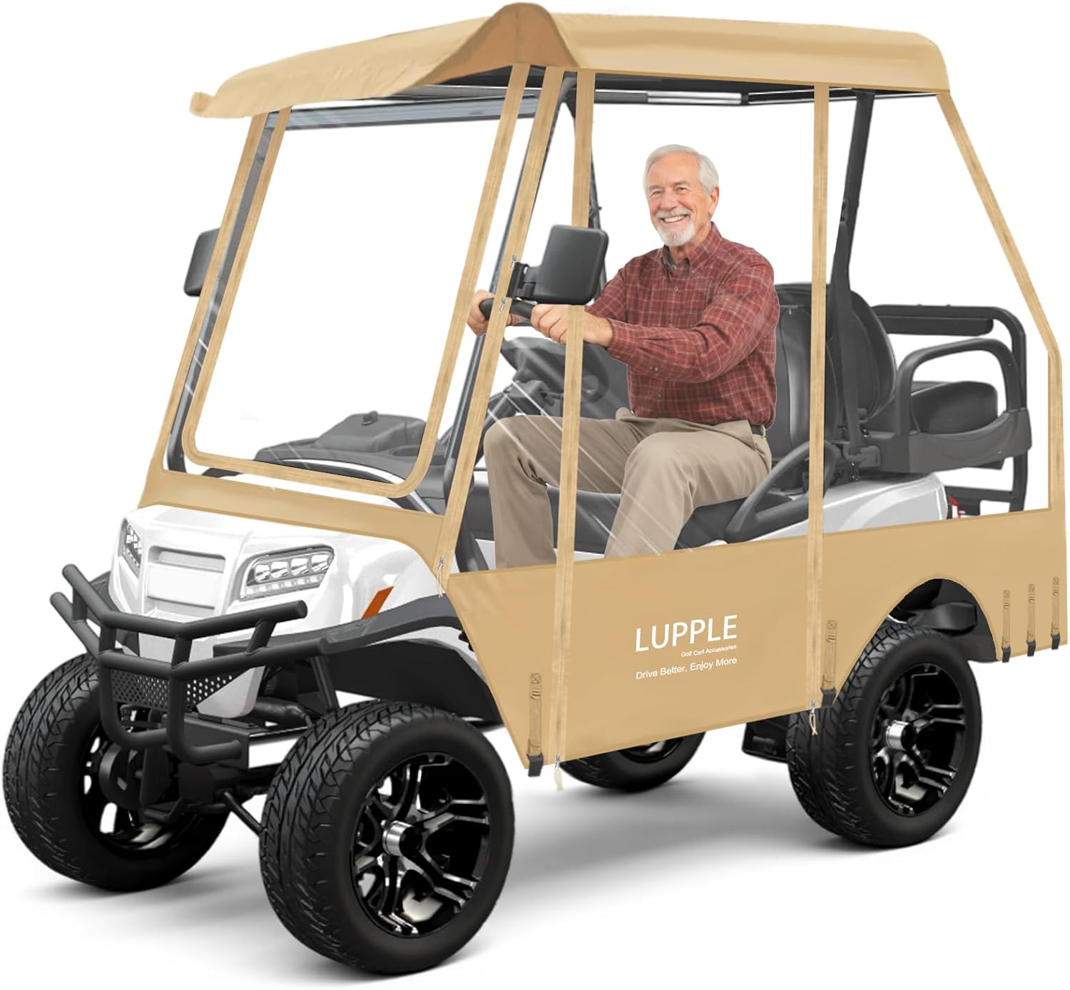 Golf Cart Enclosure Compatible with EZGO TXT/RXV, Club Car DS/Precedent, Golf Cart Rain Cover 2 4 Passenger with 59'' Short Roof, 600D Waterproof Weather Enclosure with Clear PVC Khaki