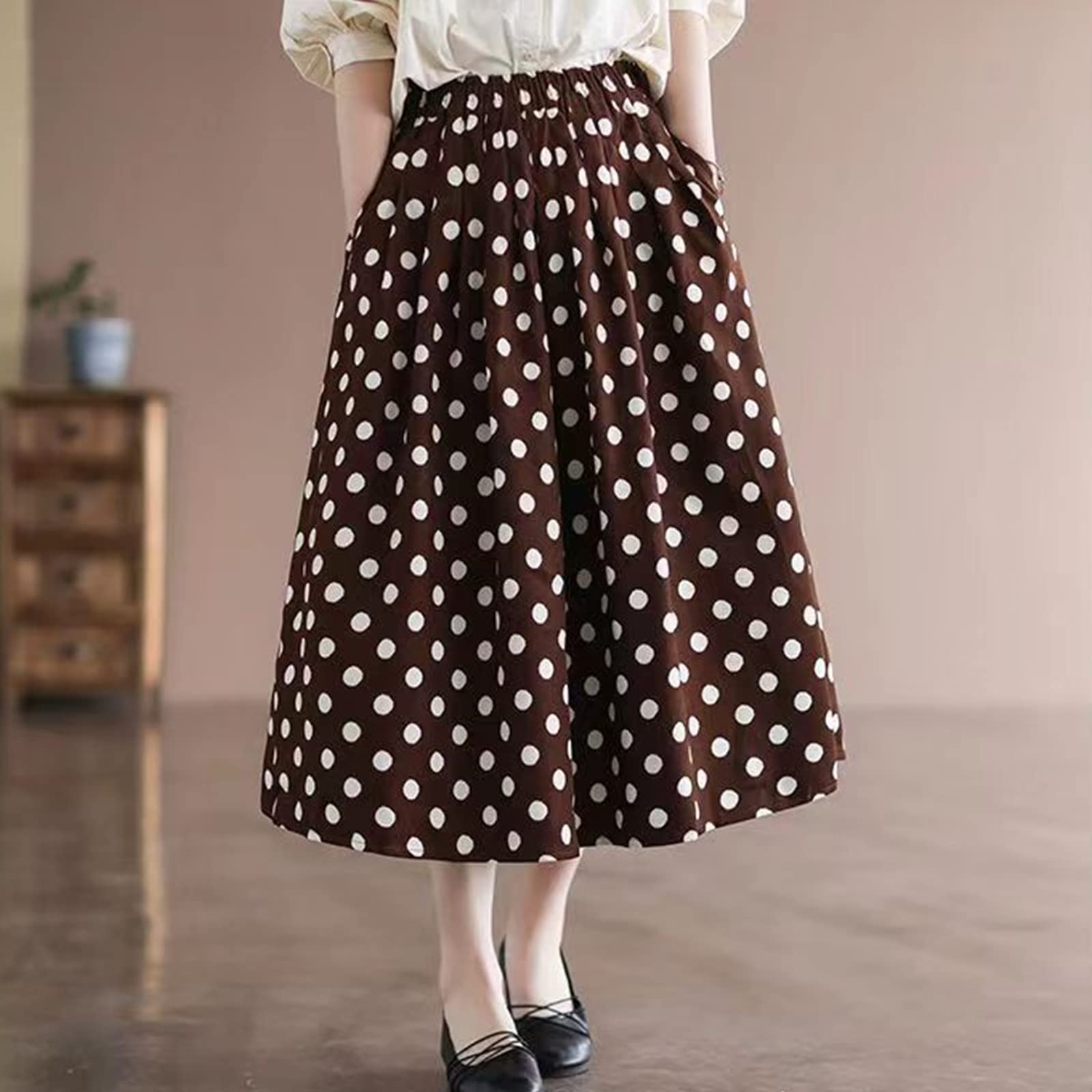 Falda larga con estampado de lunares, falda de medio cuerpo femenina primavera y verano nuevo temperamento retro literario elegante bolsillo cintura alta falda acampanada