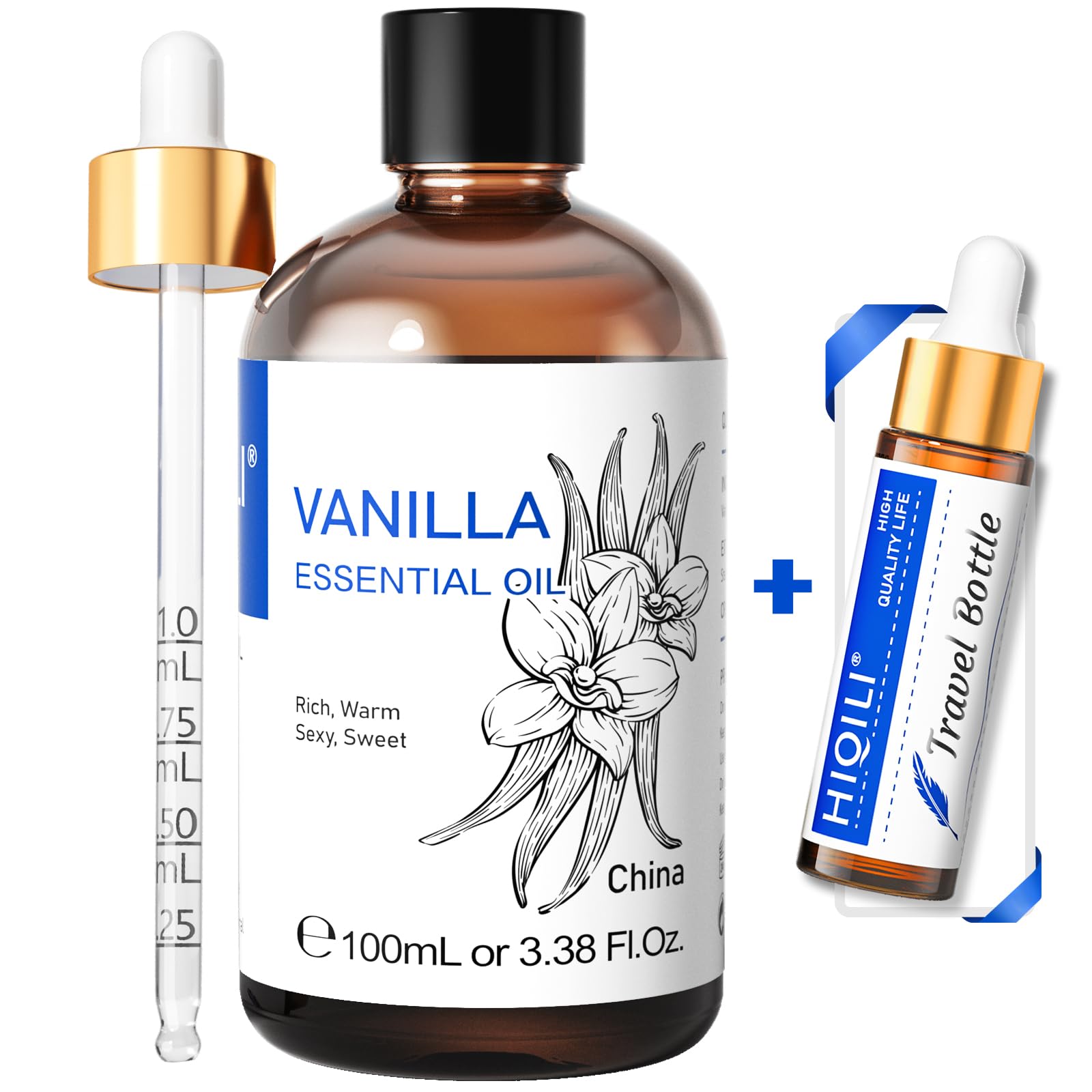 HIQILI Vanilla Essential Oil for Diffuser, Pure Natural Vanilla Oil for Skin, Soap Making, Candle Making -3.38 Fl Oz