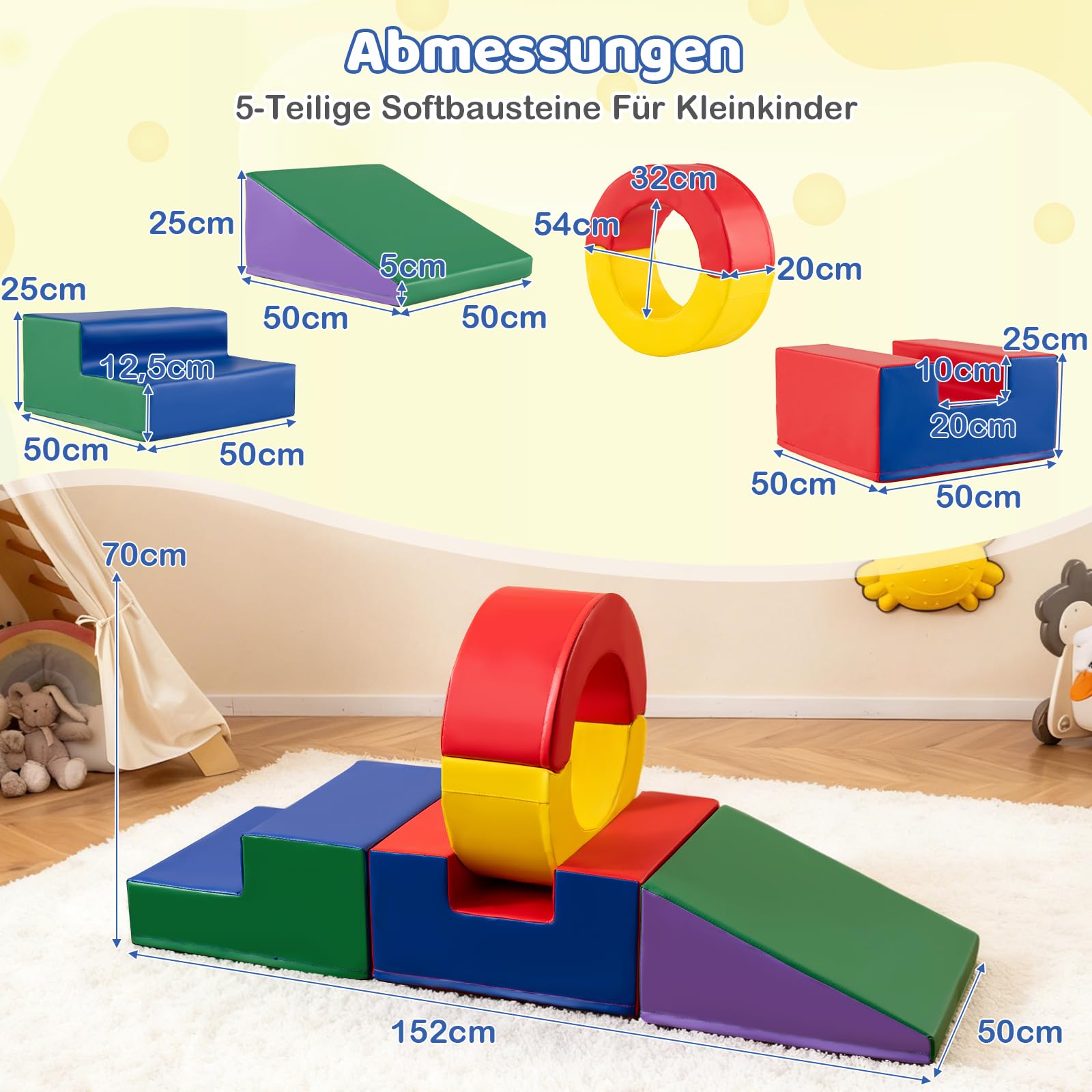 COSTWAY 5 teilige Schaumstoffbausteine Kinder, Softbausteine XXL mit Tunnel, Treppe & Rutsche, Riesenbausteine aus Schaumstoff zum Klettern & Krabbeln, Großbausteine für Kinderzimmer, Spielzimmer