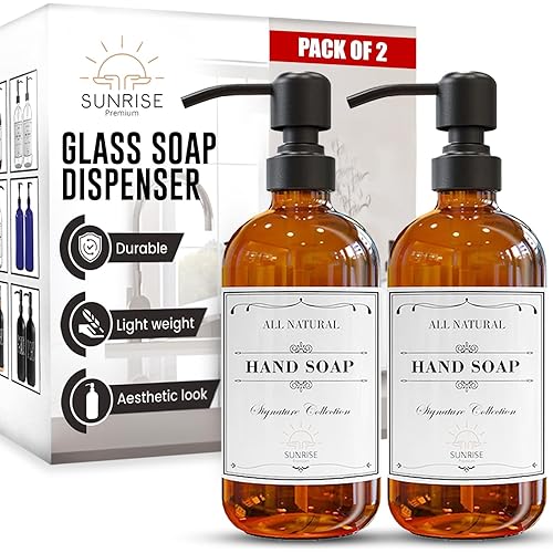 2 Pack Amber Glass Soap Dispenser 16 OZ with Matte Black Stainless Steel Pump, Hand and Dish Soap Dispenser Set for Bathroom and Kitchen Sink with 6 Waterproof Labels