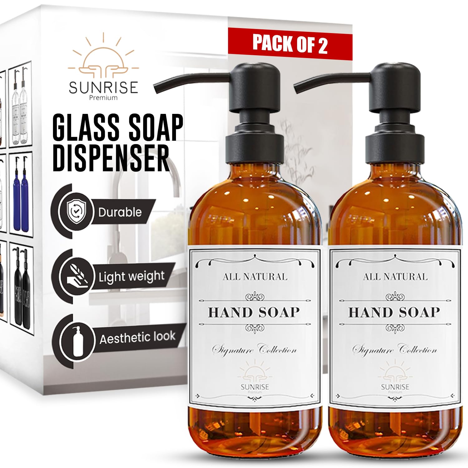 Sunrise Premium Amber Glass Soap Dispenser Matte Black with Pump, 2 Pack