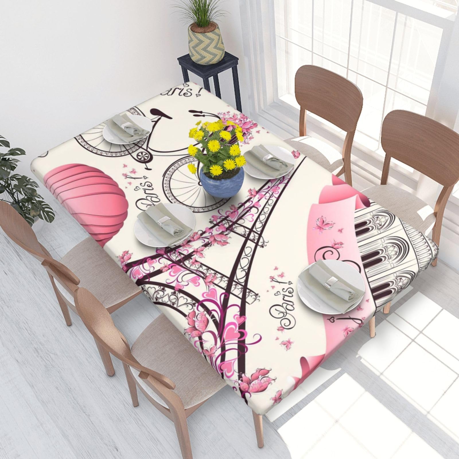 BNVSADC Romantic Paris Eiffel Tower Bycicle Printed 4FT Tablecloth 122x76 CM Polyester Kitchen Water Resistant Table Cloth Dining Table Decoration Table Covers