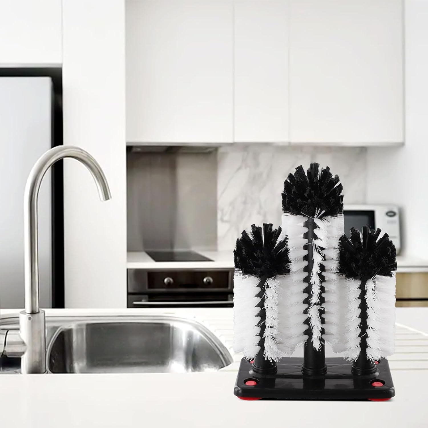 Suction Base Bottle Brush with 3 Detachable Heads for Sink, Bar Glass Cup Washer and Tall Vase Cleaner, Kitchen Drinkware Scrubber Tool