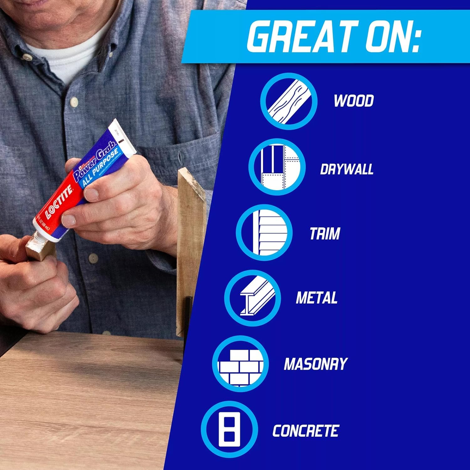 Loctite Power Grab Express Construction Adhesive, ultimate strength, 0 second grab, high tack adhesive, No-nails and screws, no clamping, DIY no mixing, metal, tiles, wood, concrete,177ml x pack of 3 product image 3
