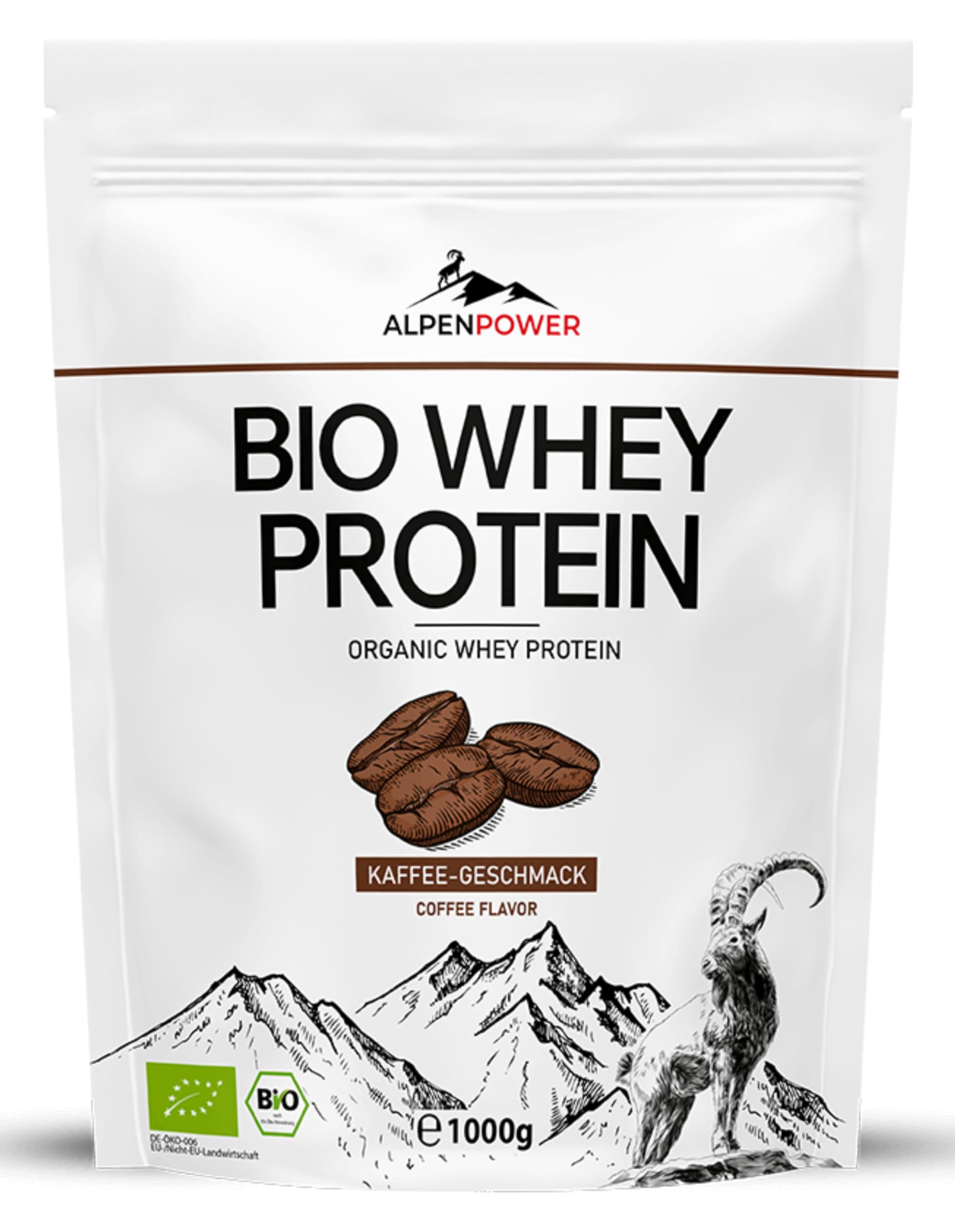AlpenPower BIO WHEY proteine ​​gusto Caffè 1 kg - Ingredienti 100% naturali e senza additivi - Prodotto con il miglior latte alpino biologico - Polvere proteica CFM di alta qualità