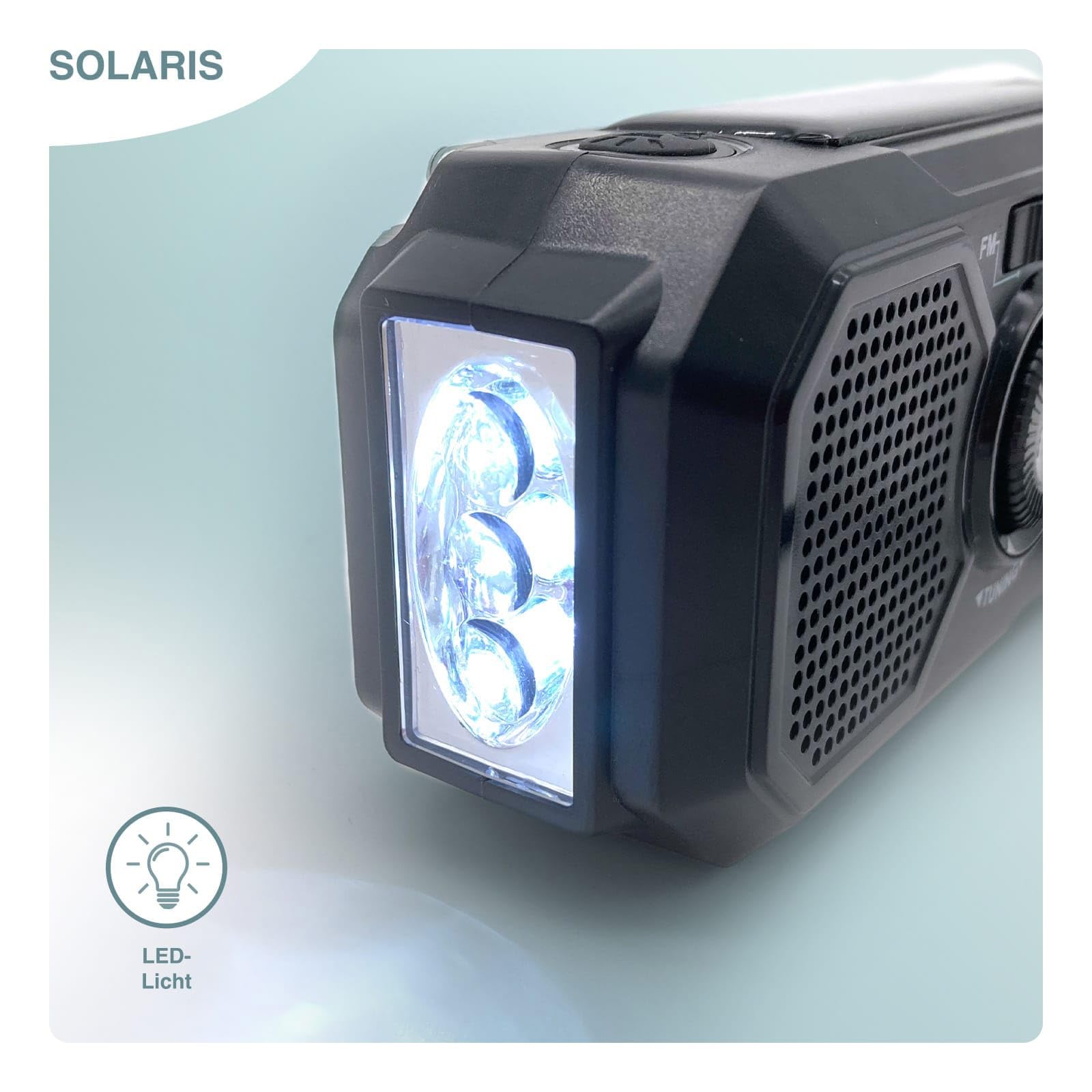 SOLARIS Tragbarer Kurbelradio mit integrierter Taschenlampe, Solarpanel und Handkurbel-Ladefunktion.