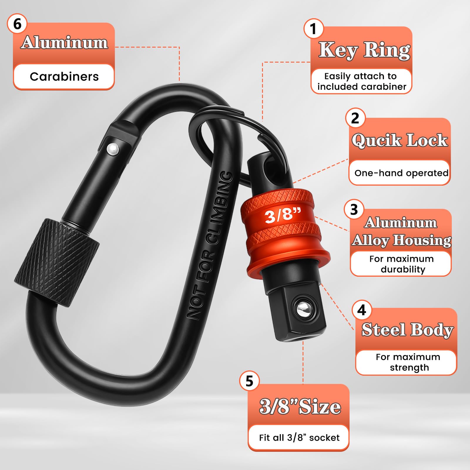 5 portachiavi a bussola da 3/8", design a sgancio rapido con moschettone, accessori per avvitatori edili, lineari, meccanici e falegnami