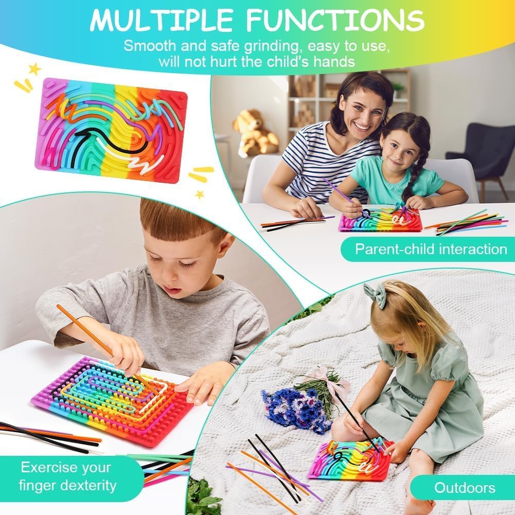 VRUPRIX Double-Sided Silicone Fidget Toy for Kids & Adults Sensory Fidget Pads Toys Calming, Stress Relief, Anxiety, Sensory Activity Board with 11 Strings (Rainbow Color and 3+ & Adults) 4