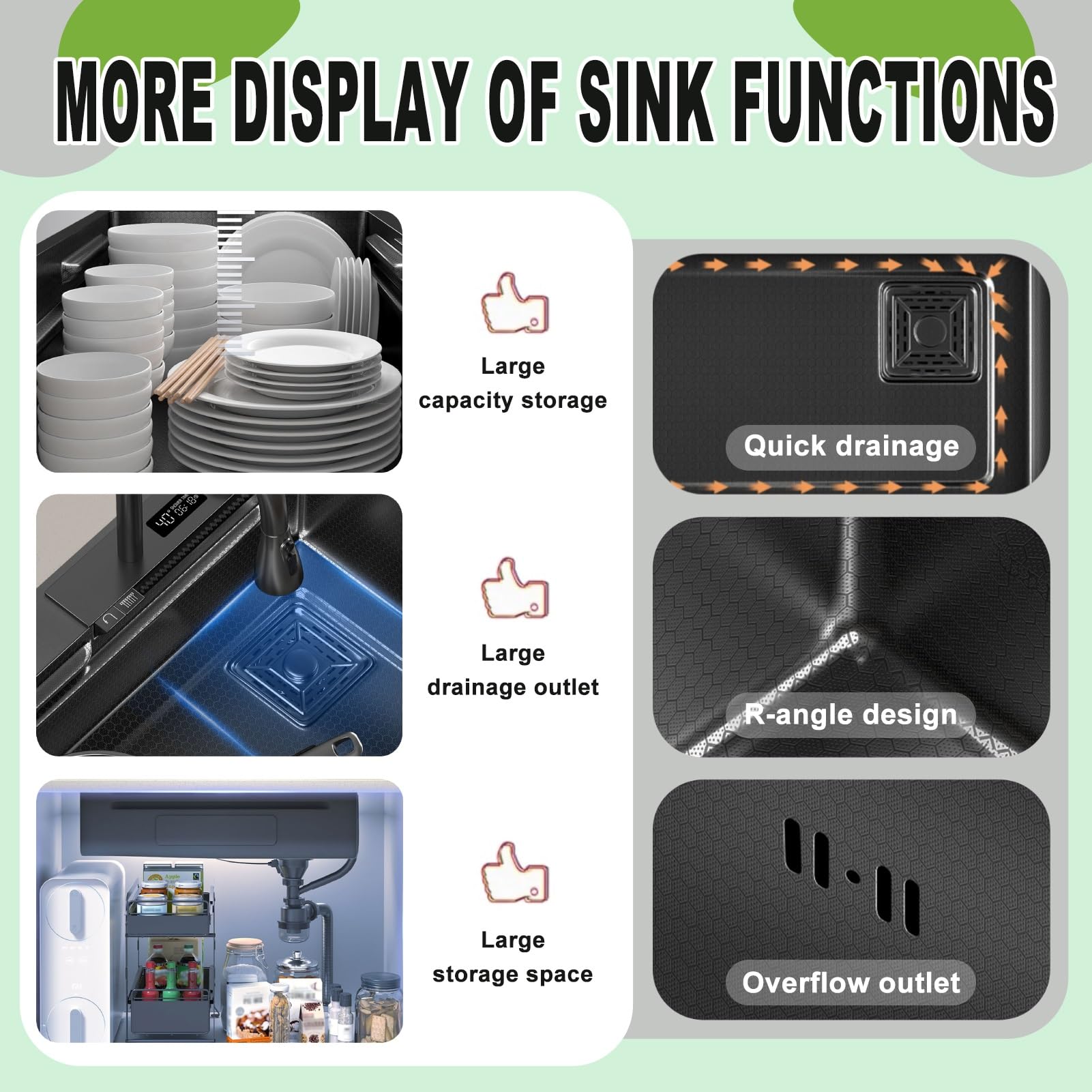 75x50cm Fregadero De Cocina En Cascada Negro, Fregadero Nano De Acero Inoxidable, Fregadero Para El Hogar, Lavabo Para Verduras, Fregadero Individual, Estación De Trabajo