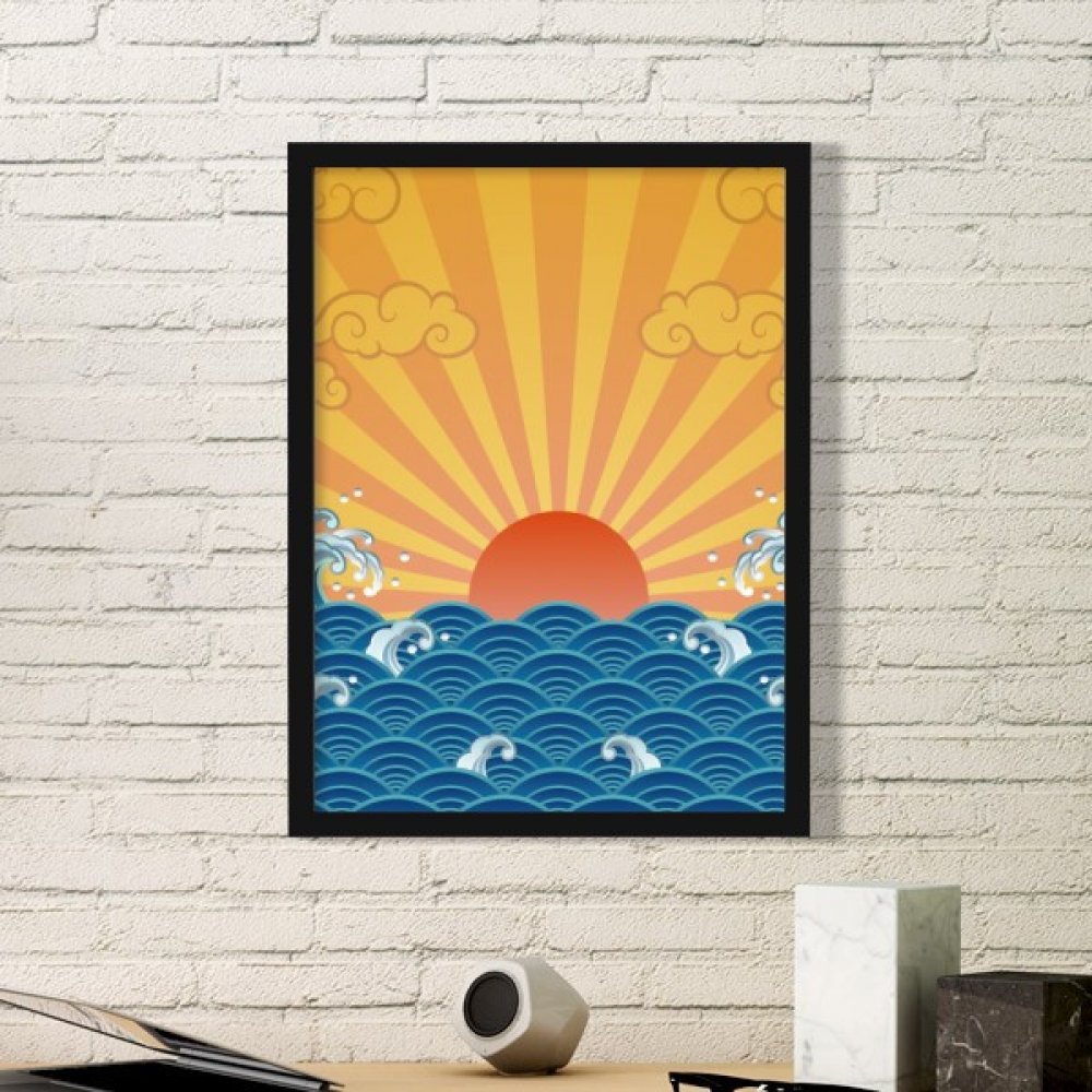 Cadre décoratif rond en bois noir thème mer et soleil pour une ambiance de bureau zen