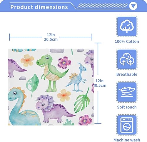 Miniatura 4 de Cute Dinosaurs - Juego de 2 toallas cuadradas de algodón absorbente de 12 x 12 pulgadas, toallas de mano de limpieza suave y secado rápido