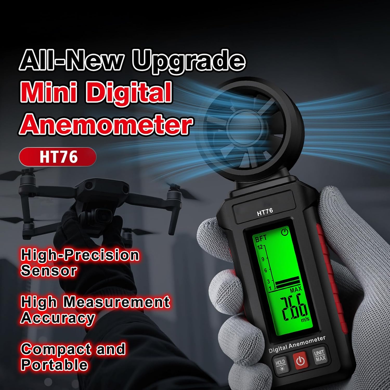 Portable Winds Speed and Temperature Meter Gauge for Accurate Readings in Sailing Weather HVAC and Outdoor Applications. Winds Meter
