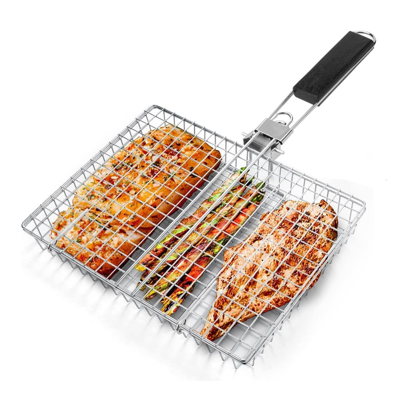 Barbecue portatile pieghevole in acciaio inox con manico, perfetto per grigliare pesce e gamberetti, accessorio ideale per barbecue per cucinare all'aperto