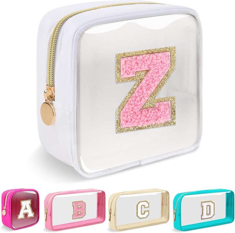 Necessaire de maquiagem transparente Iqimott Mini White-Pink Z com letra em chenille, PVC e nylon, Pacote com 1