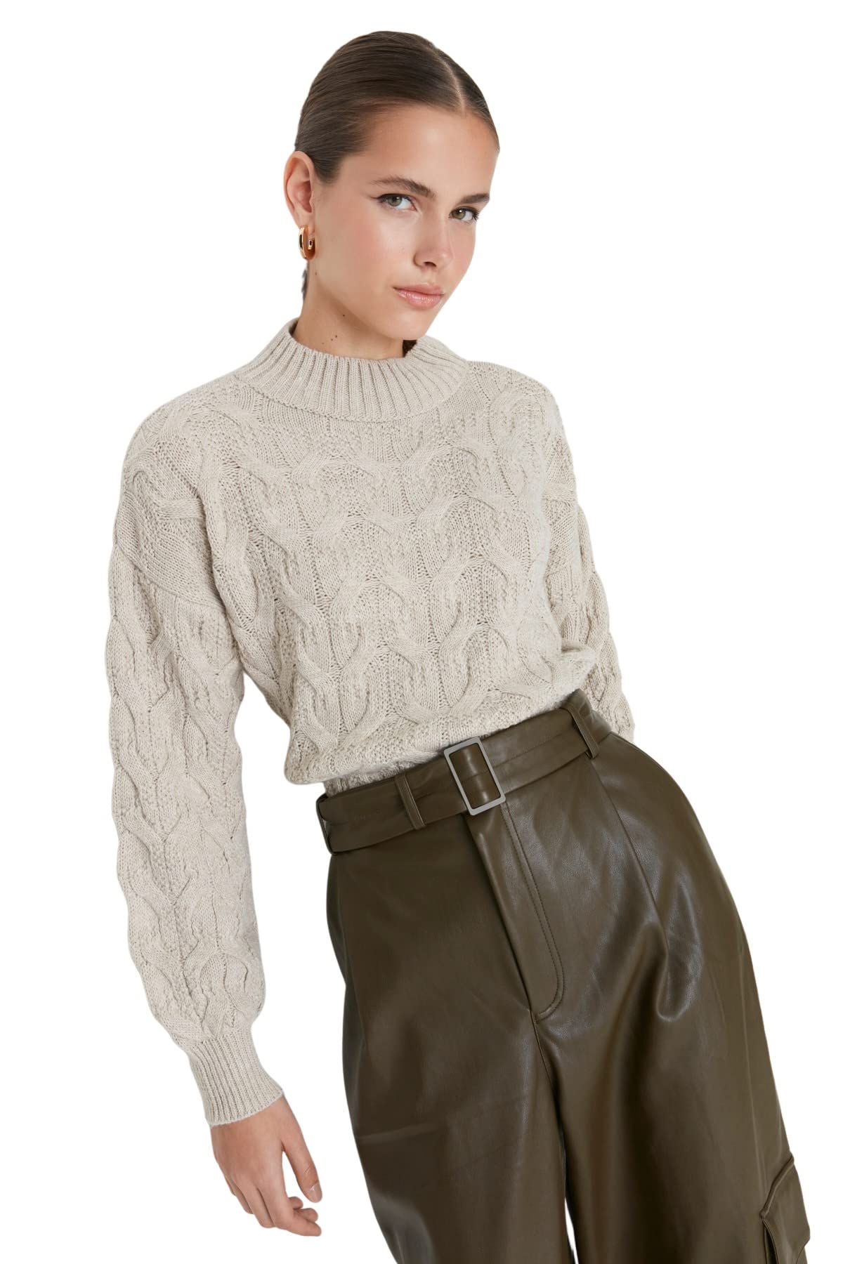 Trendyol Women Regular Basic Standing Collar Knitwear Sweater Stone