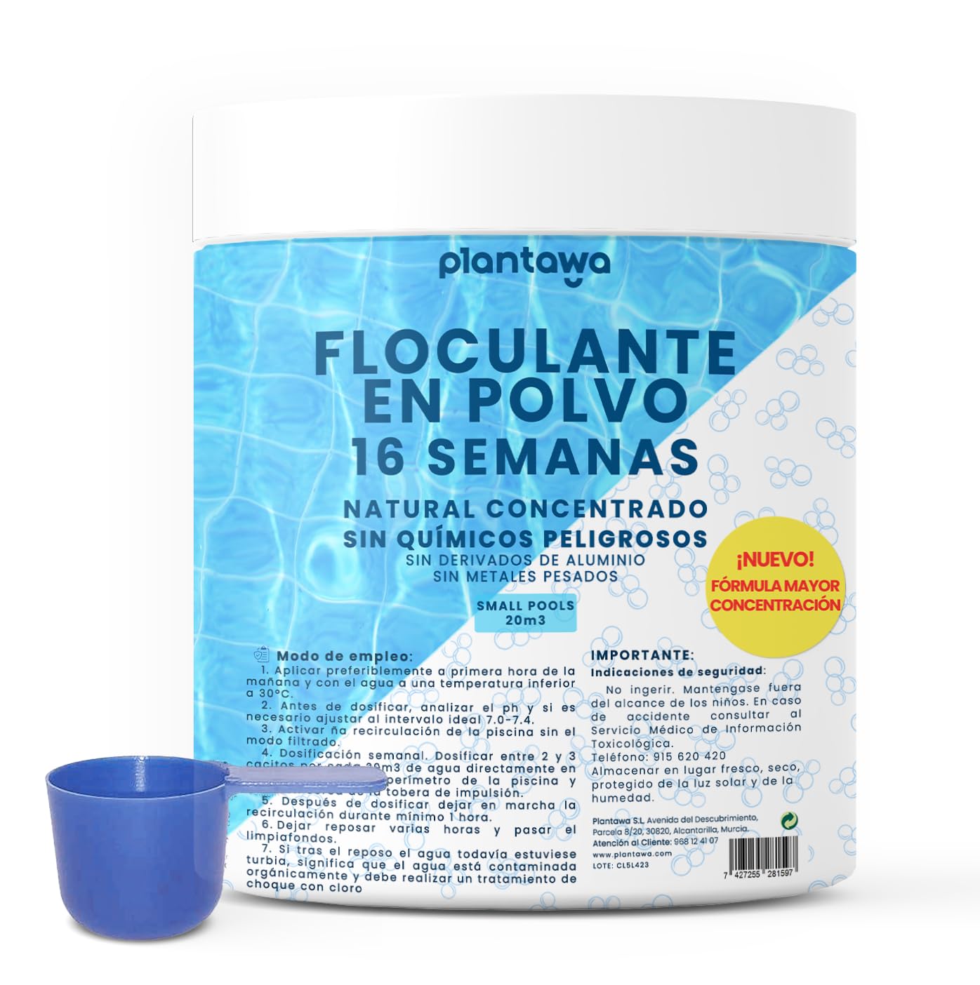 Floculante Piscina Concentrado 16 Semanas. Eliminador Turbidez para Piscinas Pequeñas e Hidromasajes. Clarificante para Aguas Transparentes. Producto Natural Vegano Seguro para Toda la Familia.