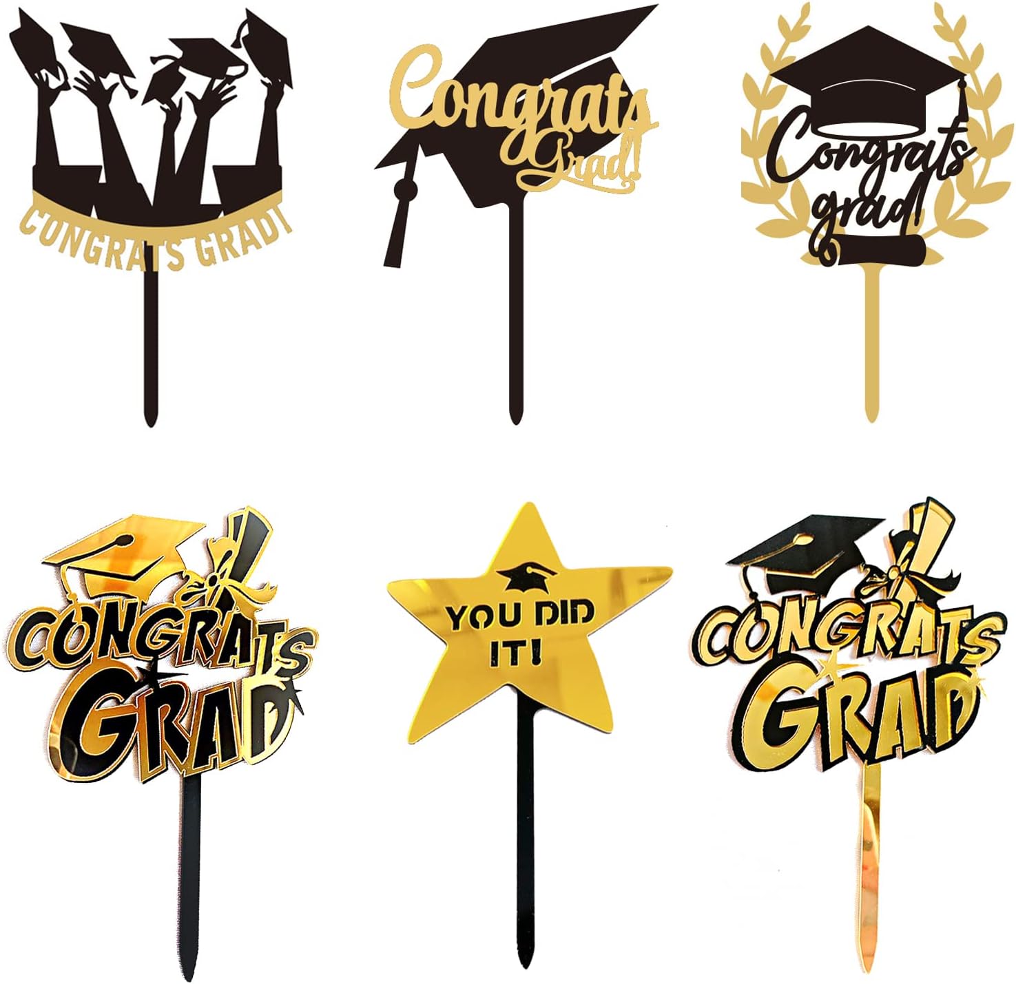 6 PCS Graduation Party Decorations Congrats Grad Cake Topper for High School Graduation College Graduate Cake Cupcake Topper Party Supplies