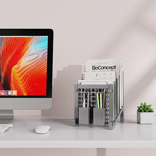 Miniatura 2 de Organizador de archivos para escritorio con caja de almacenamiento y gancho, organizador de archivos inclinado con soporte vertical de archivos de 5