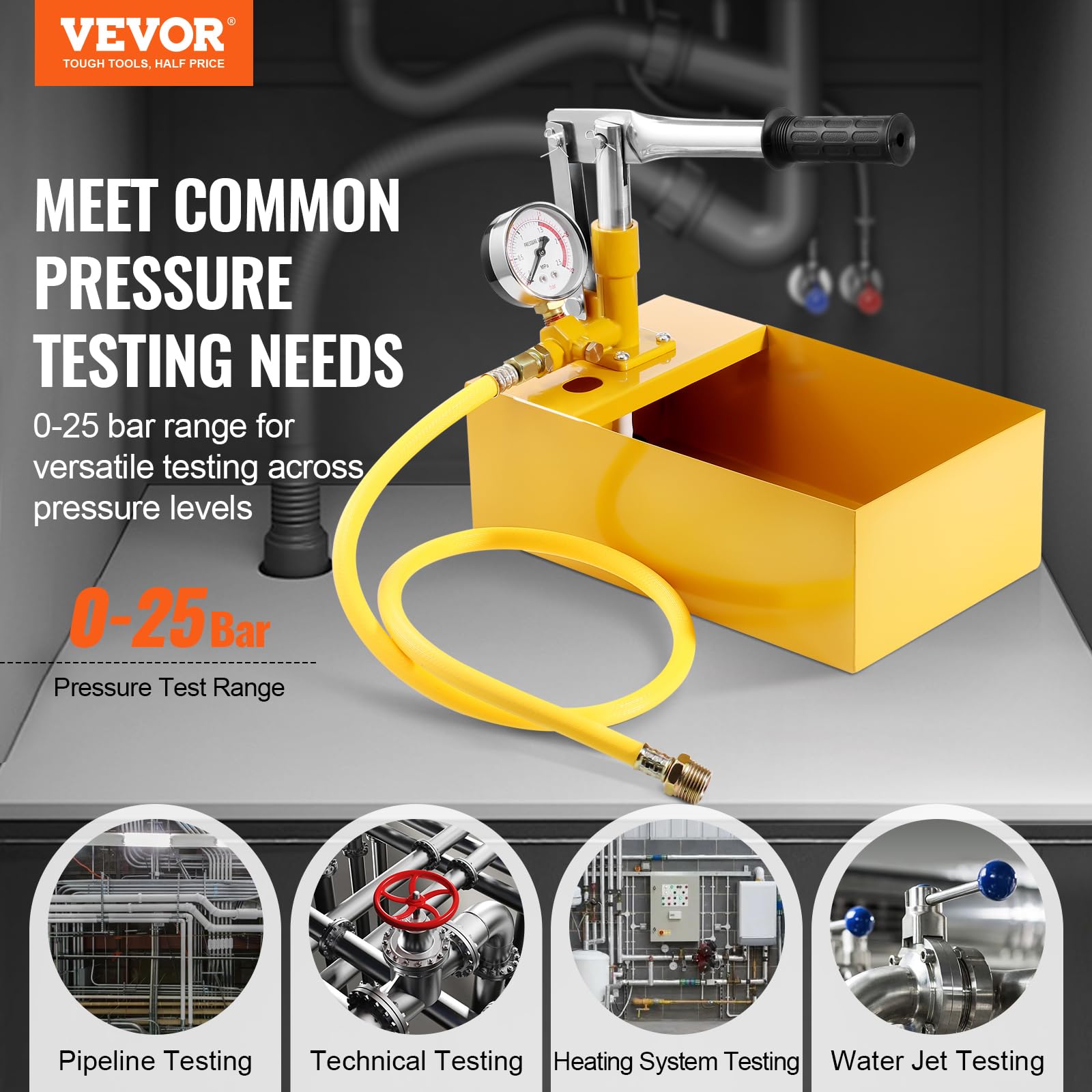 VEVOR Pompe de Test Hydrostatique 25 bar Kit Testeur de Pression d'Eau Manuel Hydraulique à Valve Unique avec Réservoir d'Eau 5 L Tuyau 1 m avec Connecteur à Filetage Externe 1/2'' pour Canalisation