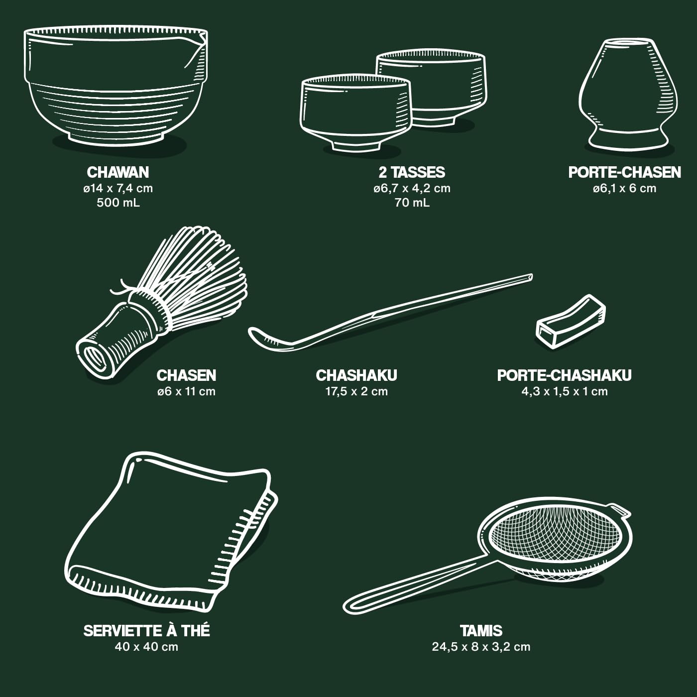 Kit Matcha | Complet, 9 accessoires | Bol, Tasses, Tamis, Fouet en bambou, Support fouet, Cuillère, Support cuillère, Serviette | Coffret cadeau, tradition Japonaise | Qualité Supérieure