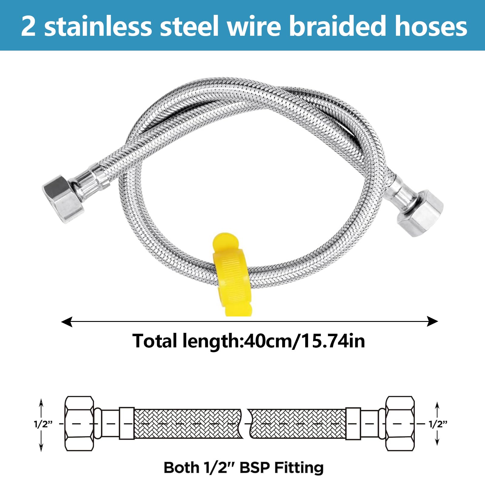 2 PCS Flexible Tap Connector 40 cm Flexible Pipe Tap Connector Stainless Steel Braided Hose Plumbing Fittings for Boilers Plumbing Bathrooms Kitchens - Image 2