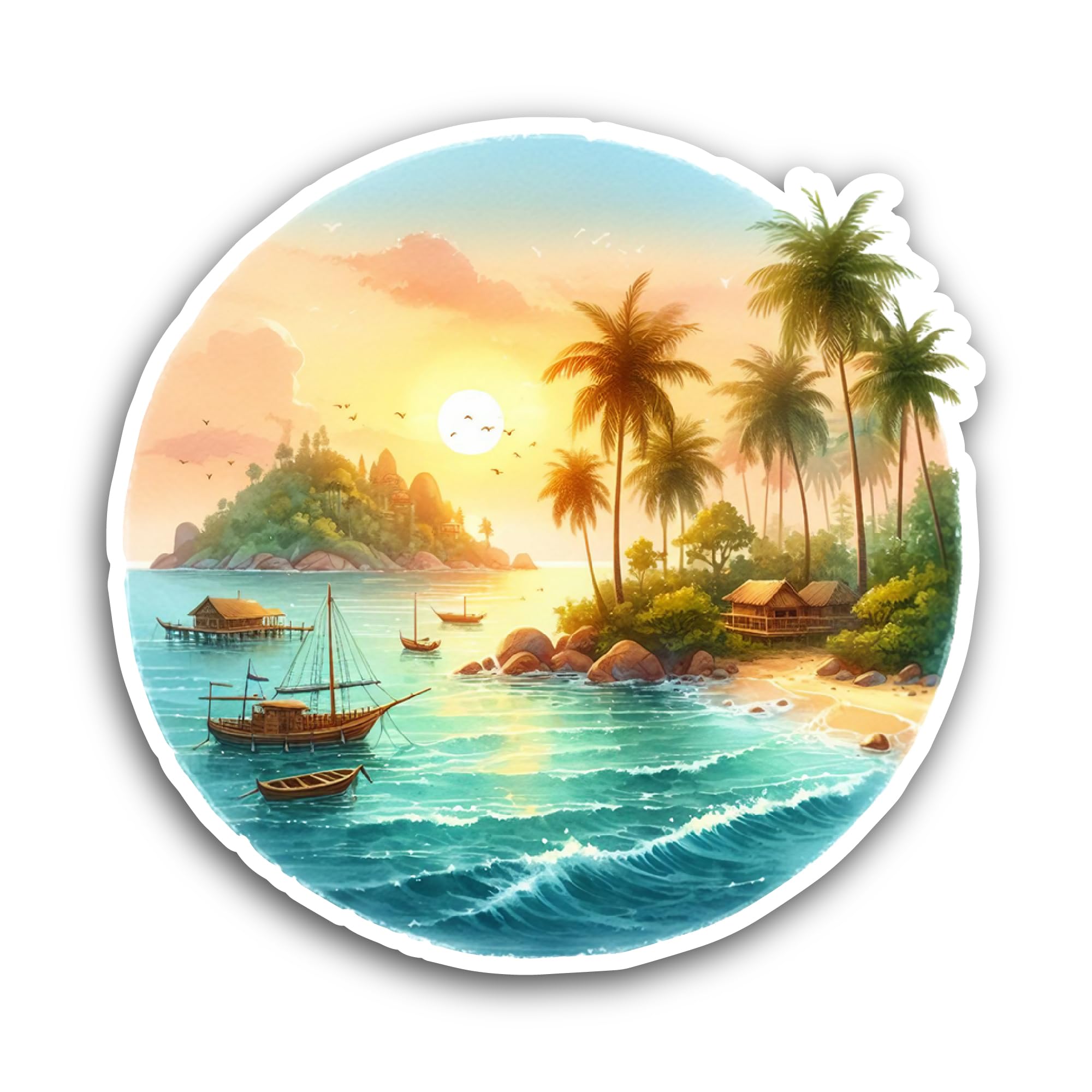2 (Pieces) 3" and 5" Tropical Island with Beach Sticker, Waterproof Vinyl Decals for Many Purpose Like Cars, Trucks, Laptops, Phones, Windows and More