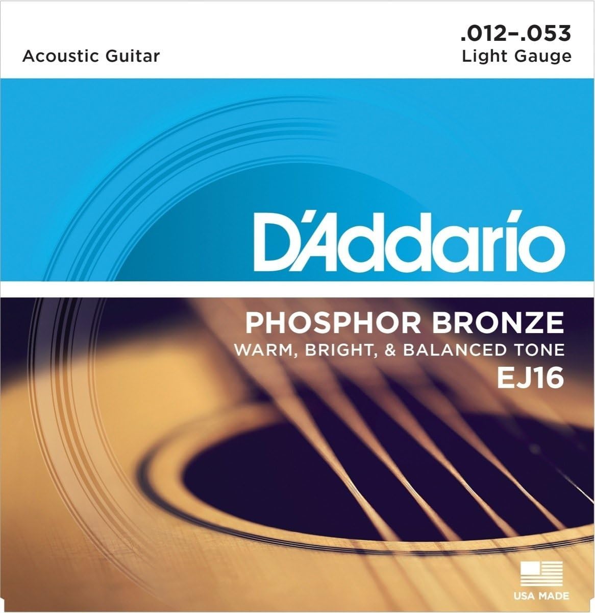 D'Addario EJ16 Phosphor Bronze Acoustic Guitar Strings, Light, 12-53, 4 pack