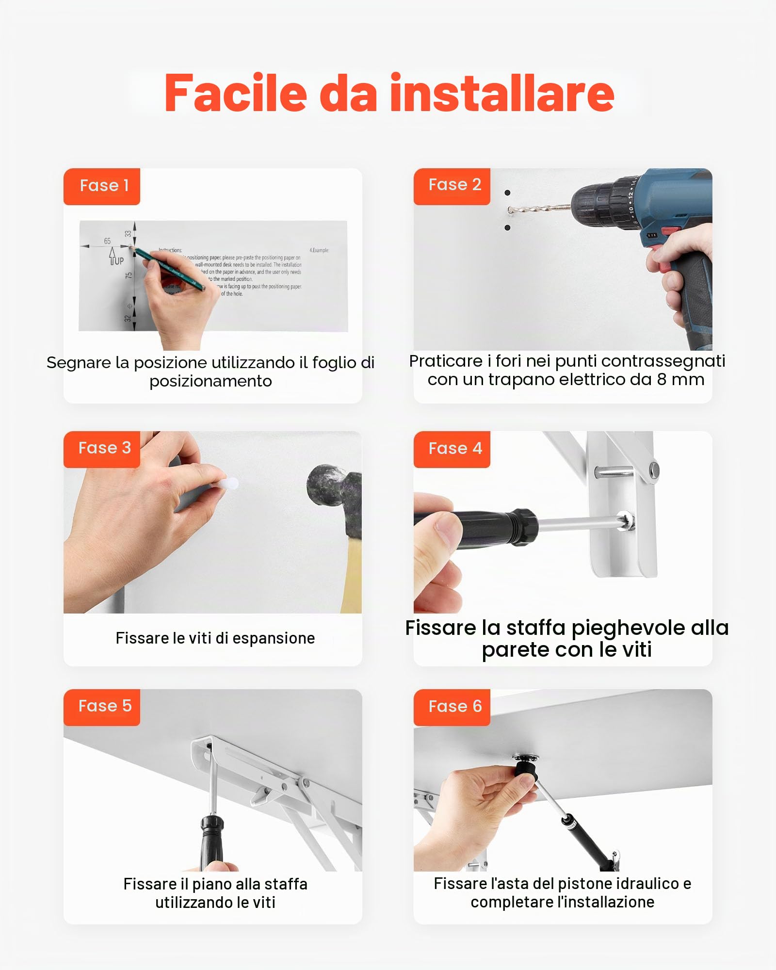 VEVOR Tavolo Pieghevole a Parete, Tavolo a Ribalta Montaggio a Parete 120 x 50 cm Scrivania Galleggiante Staffa in Ferro, Scrivania Pieghevole per Ufficio Domestico, Sala da Pranzo Cucina Bar Bianco