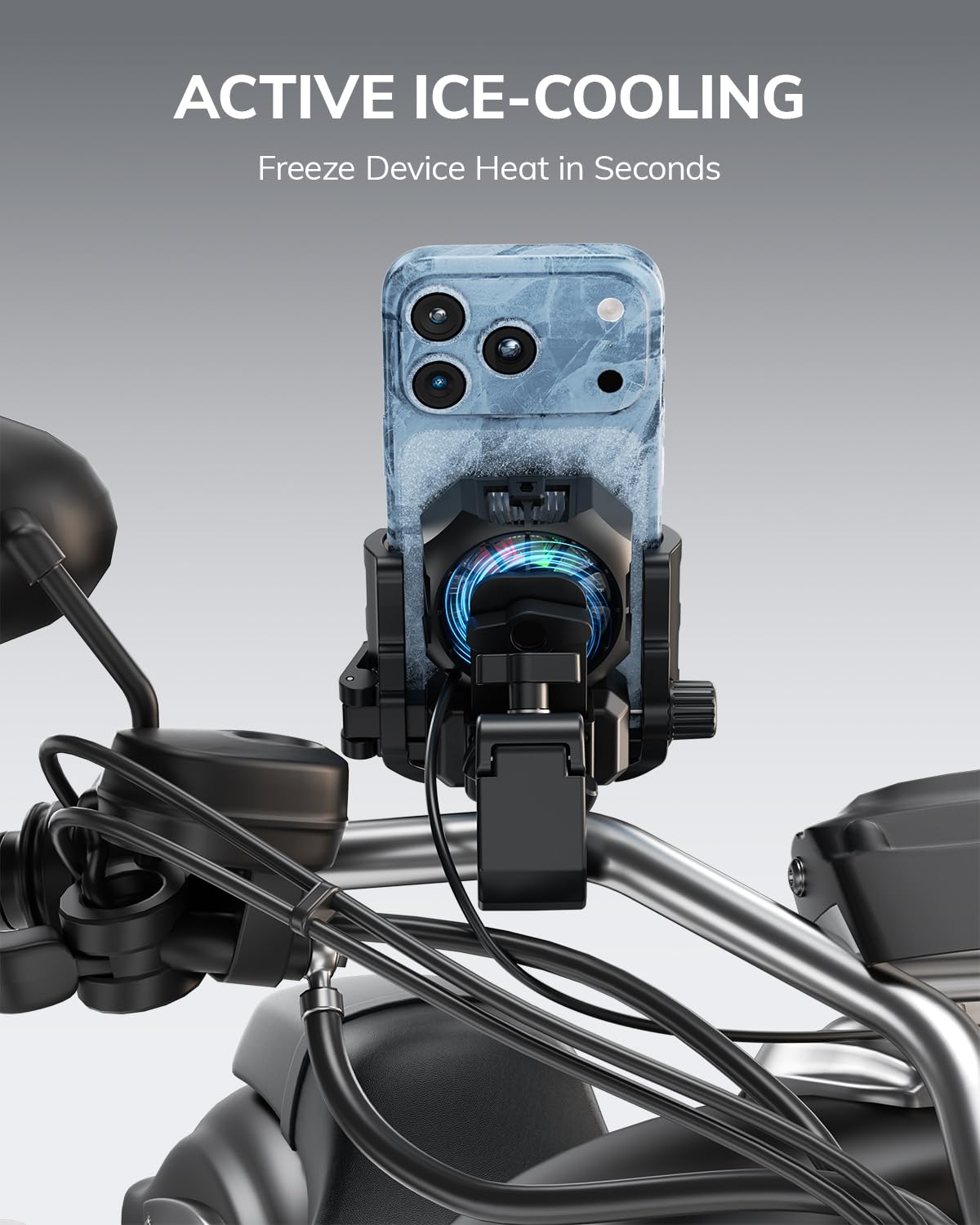 Fahrra - Supporto per cellulare da moto con ventola a semiconduttore, impermeabile IPX7, supporto per manubrio a 360° per biciclette, scooter e ATV, adatto per smartphone da 5,4" a 7,2"