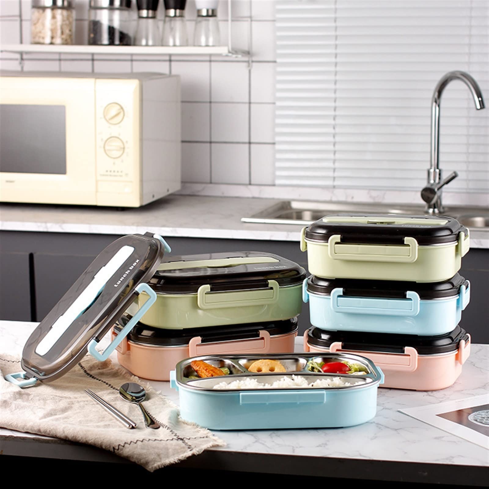 Lunch Box ze stali nierdzewnej, Bento Box, Miska na zupę z łyżką i pałeczkami, Pojemnik na lunch, Jedzenie S, Lunch Boxes ，Pojemniki na żywność(Yellow)