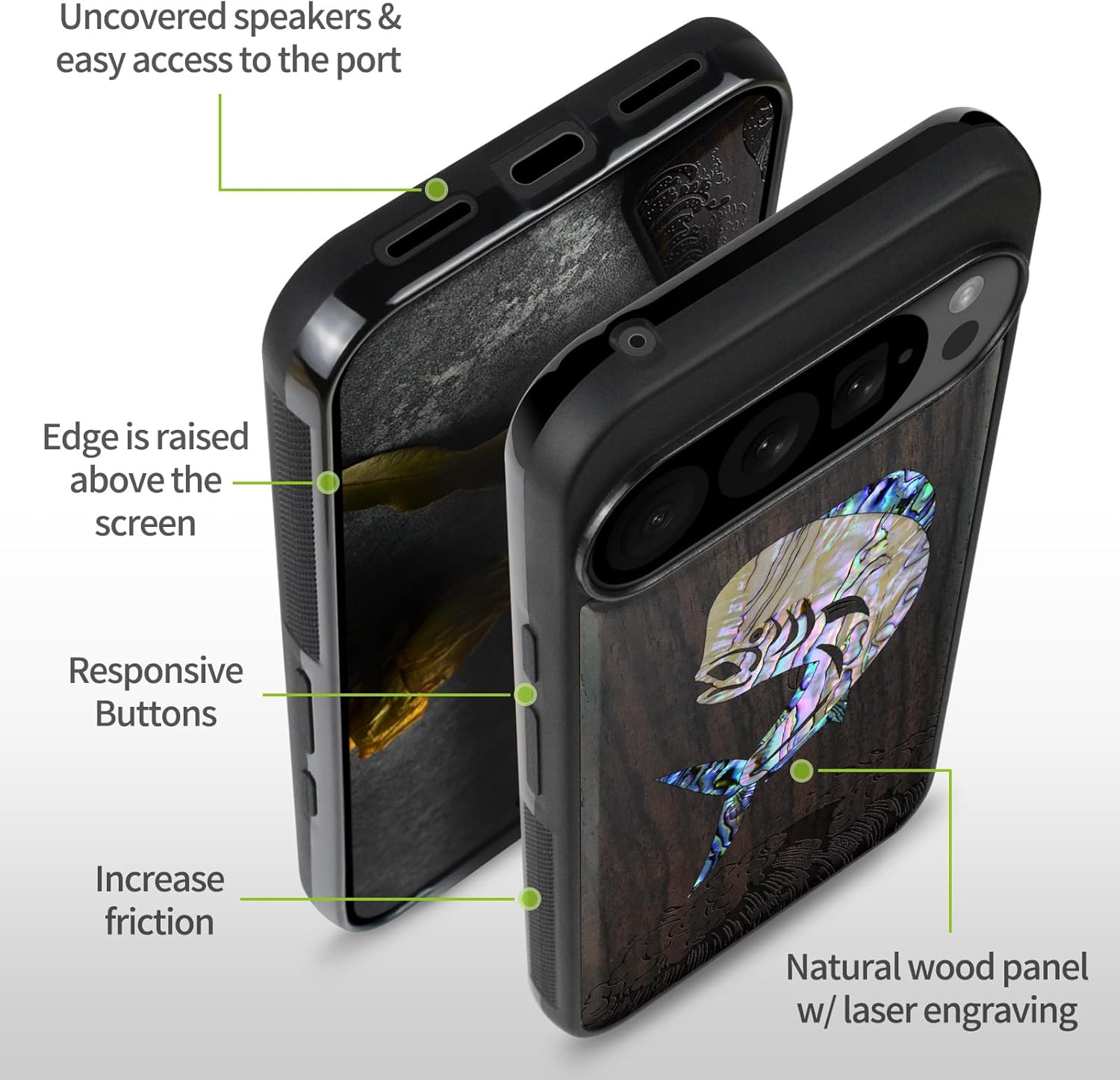 Carveit Magnetic Wooden Case for Pixel 10 / Pixel 10 Pro Case, Wood Artisan Engraved & Handmade Shell Inlaid, Compatible with MagSafe Wireless Chargers, Mahi Mahi - Blackwood