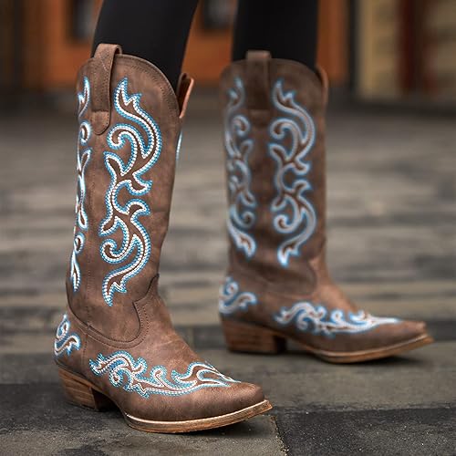 Miniatura 6 de HISEA Rollda - Botas vaqueras occidentales para mujer, botas vaqueras con tacón grueso, botas de media pantorrilla para mujer