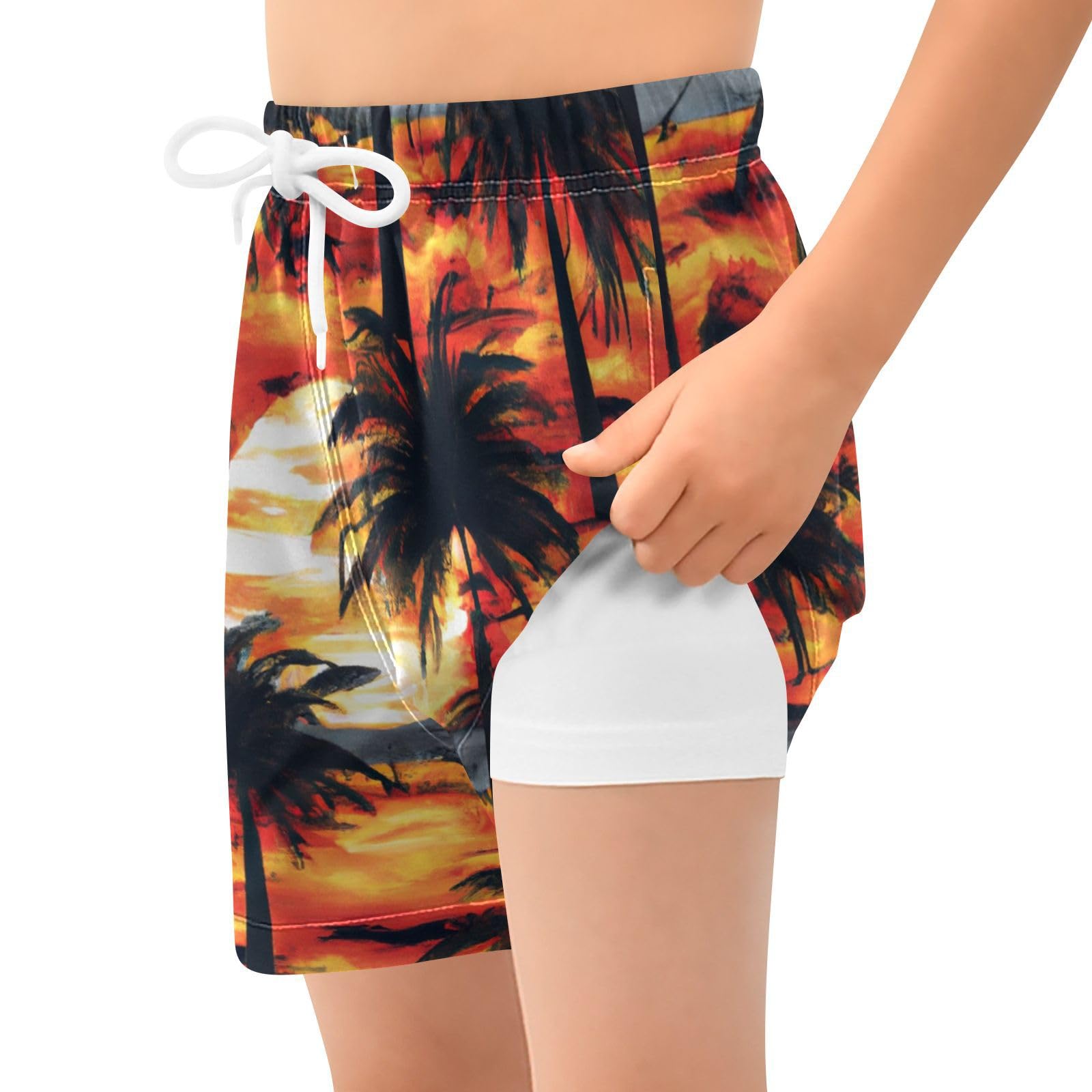 YANENDIE Boy Swim Trunks with Compression Liner Tropical Sunset Palm Trees Boys Swim Shorts Quick Dry Beach Shorts