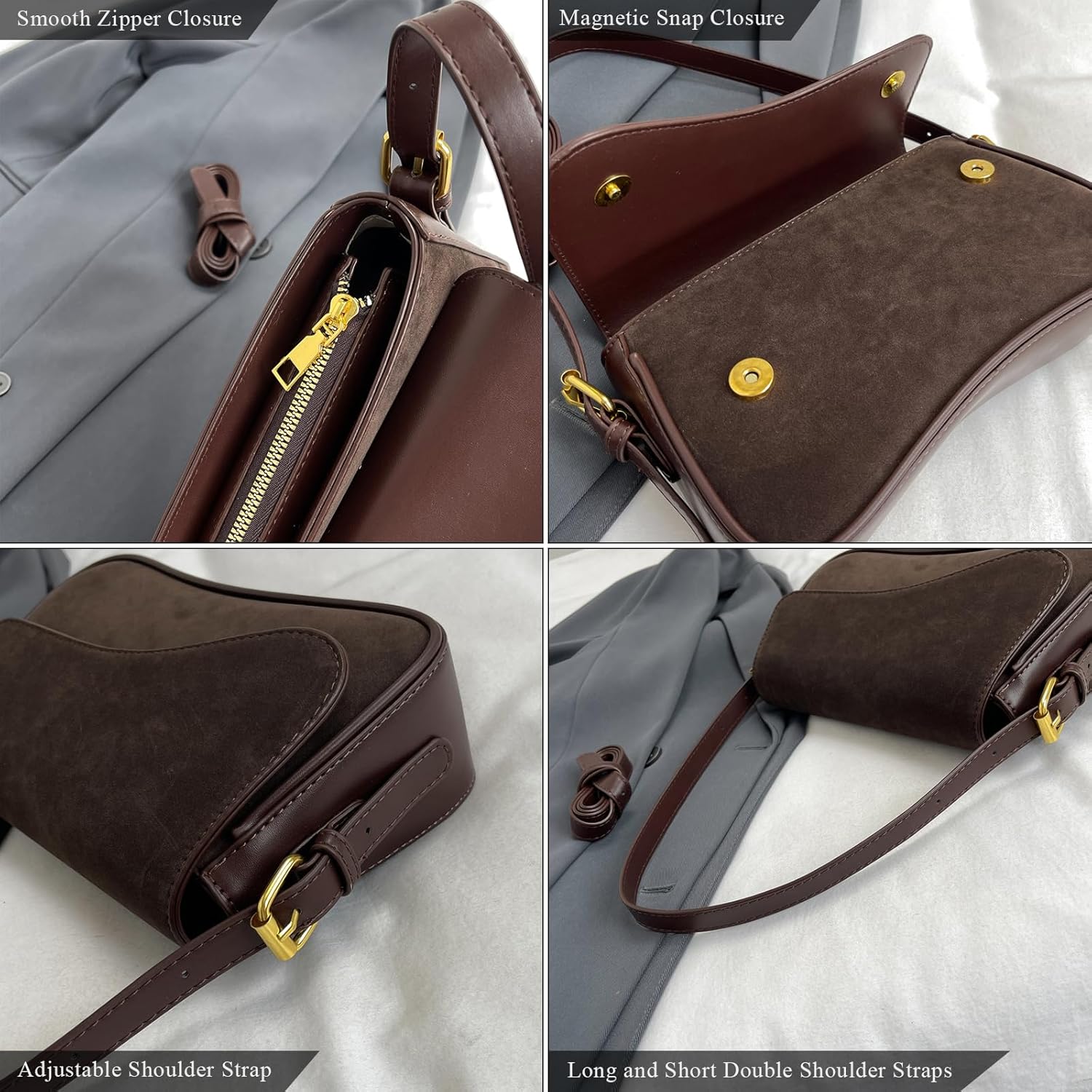 Suede Shoulder Bag Small Suede Purse Handbag with 2 Straps Retro Crossbody Bags for Women - Image 5