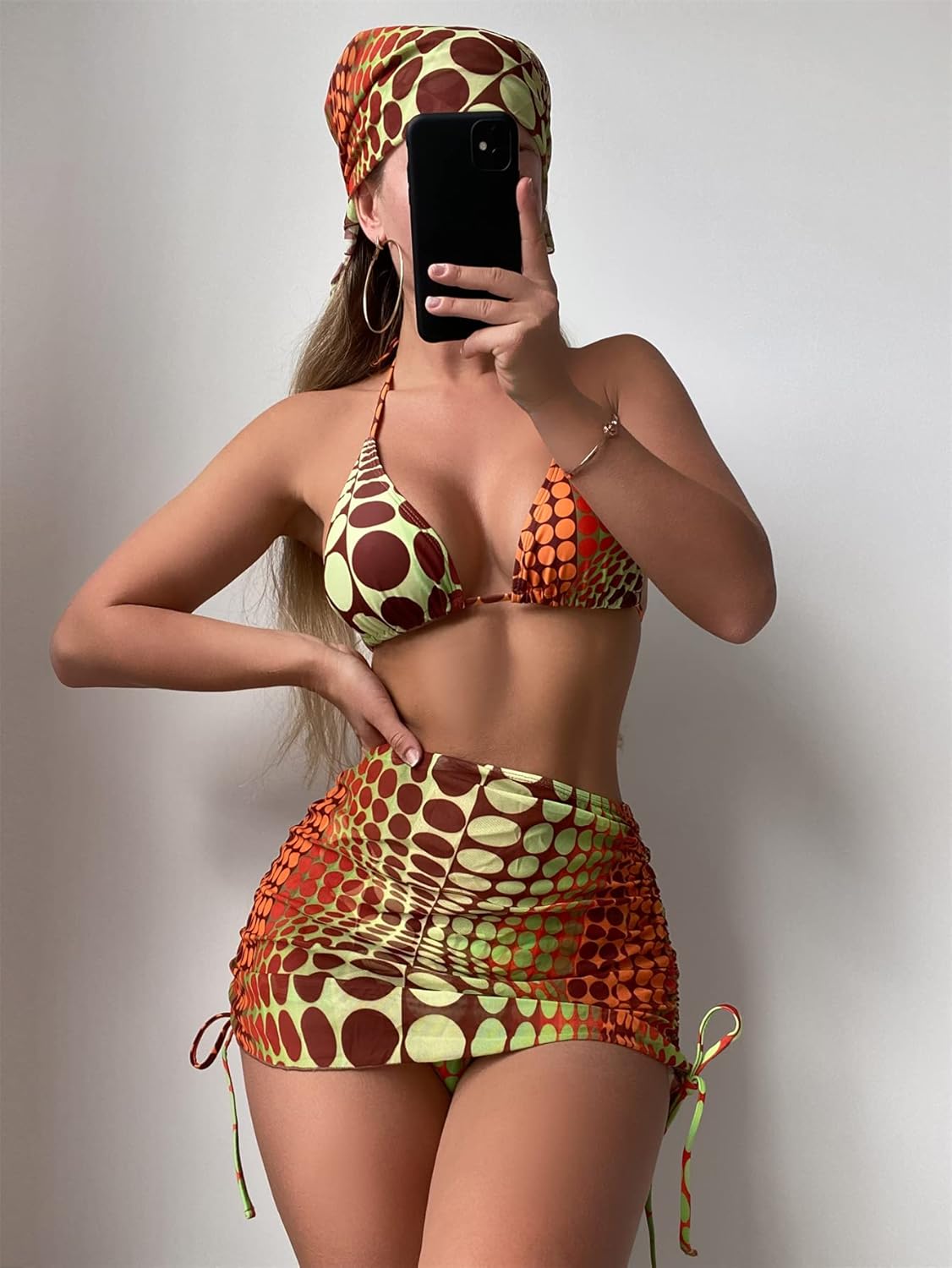 GORGLITTER Women's 4 Piece Swimsuits Tie Side Triangle Bikini with Mesh Beach Skirt & Bandana