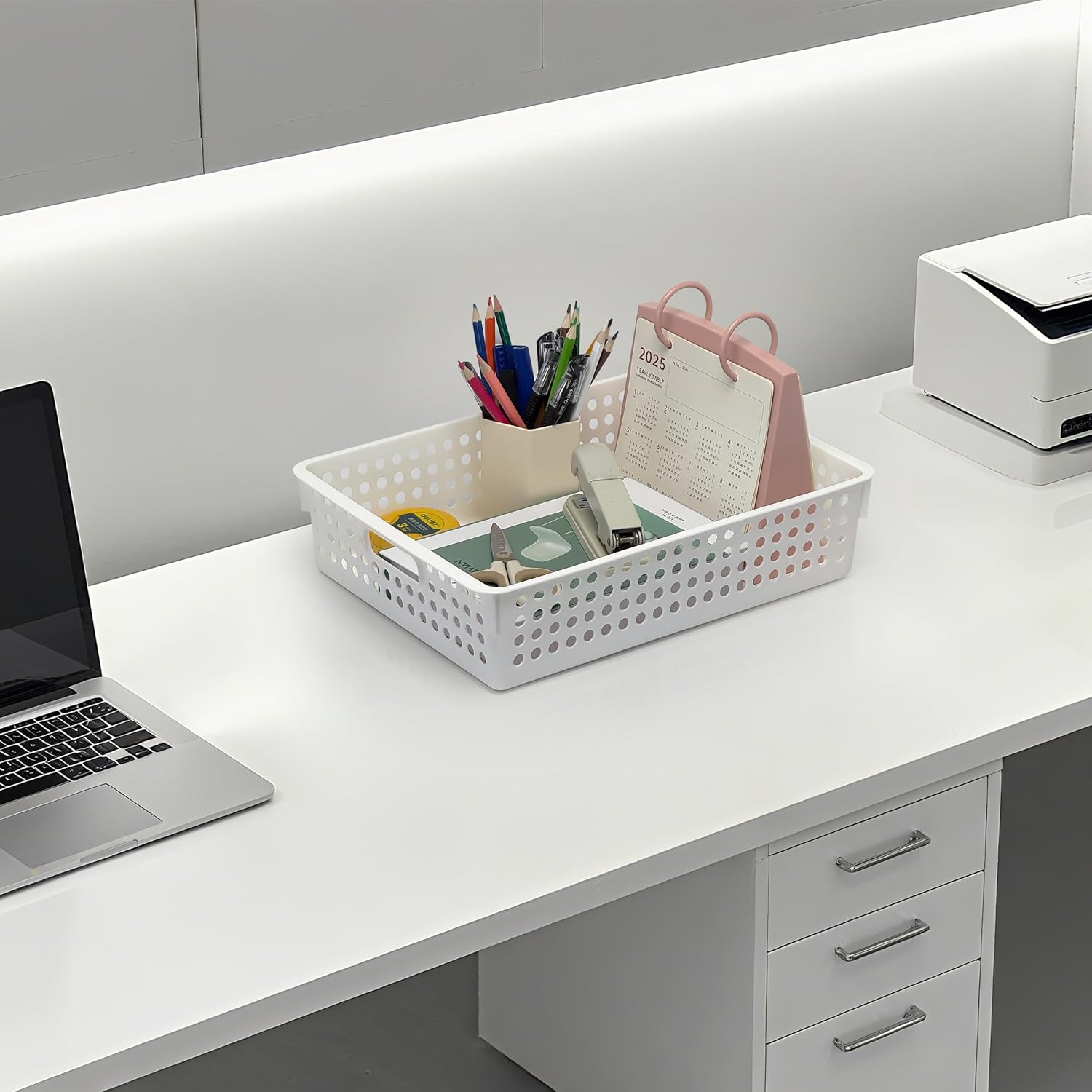 Soddeph 4 Pack Stackable A4 Paper Organizer Trays, Plastic Storage Bins with Handles, Hollow Design Organizer Baskets for Classroom, Office, Home Use