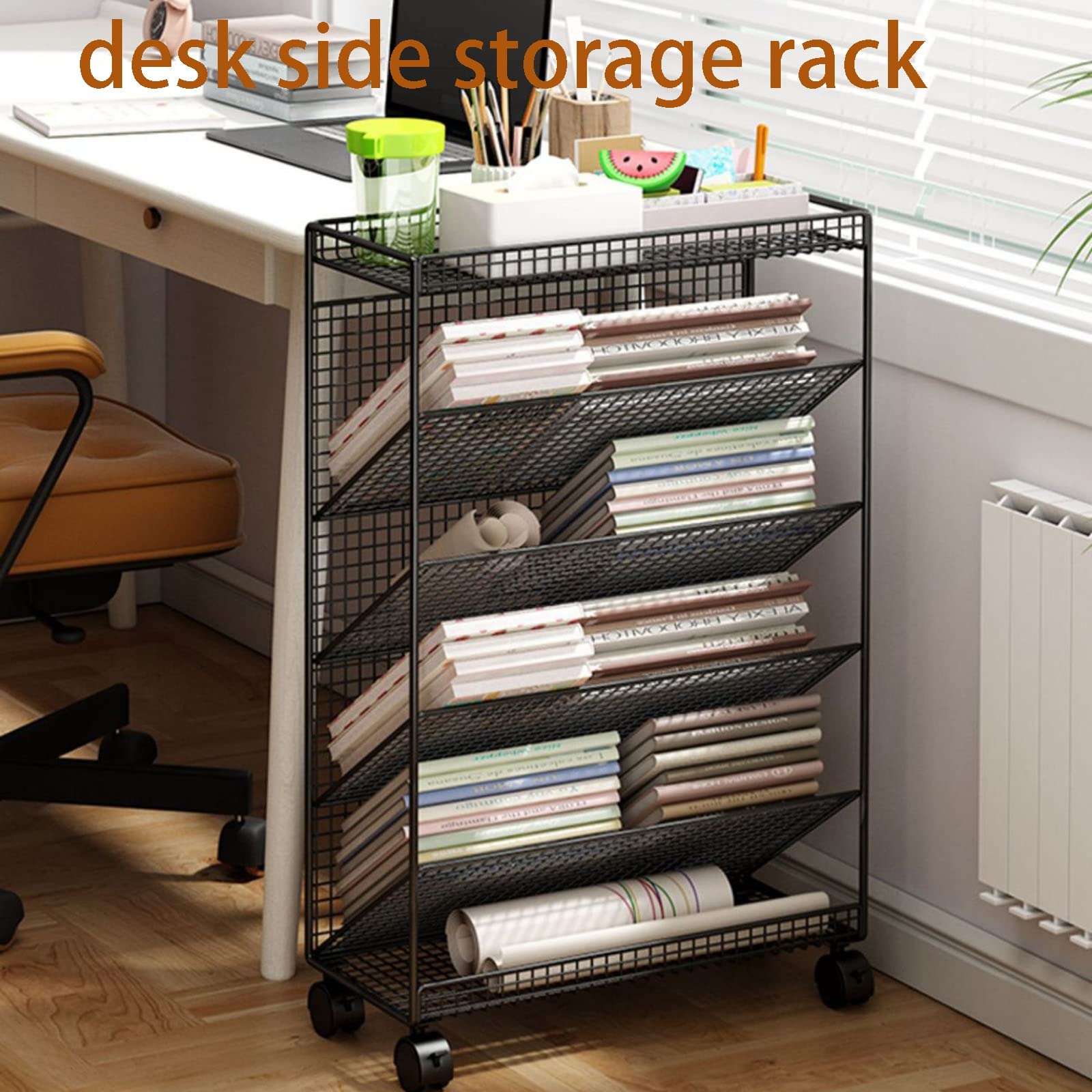 Scaffale portaoggetti laterale da scrivania, carrello con ruote, ampio tavolo con laminati inclinati, facile accesso ai libri, per camera da letto, soggiorno, aula