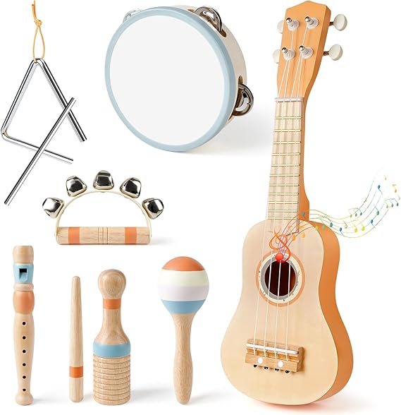 Kids Guitar Set - Toys for 2 3 Year Old Boy & Girls Birthday Gifts, 7 in 1 Montessori Musical Instruments for Toddlers 2-4, Musical Band Sets with Ukulele/Flute/Tambourine/Maracas Toys for Kids 3-5