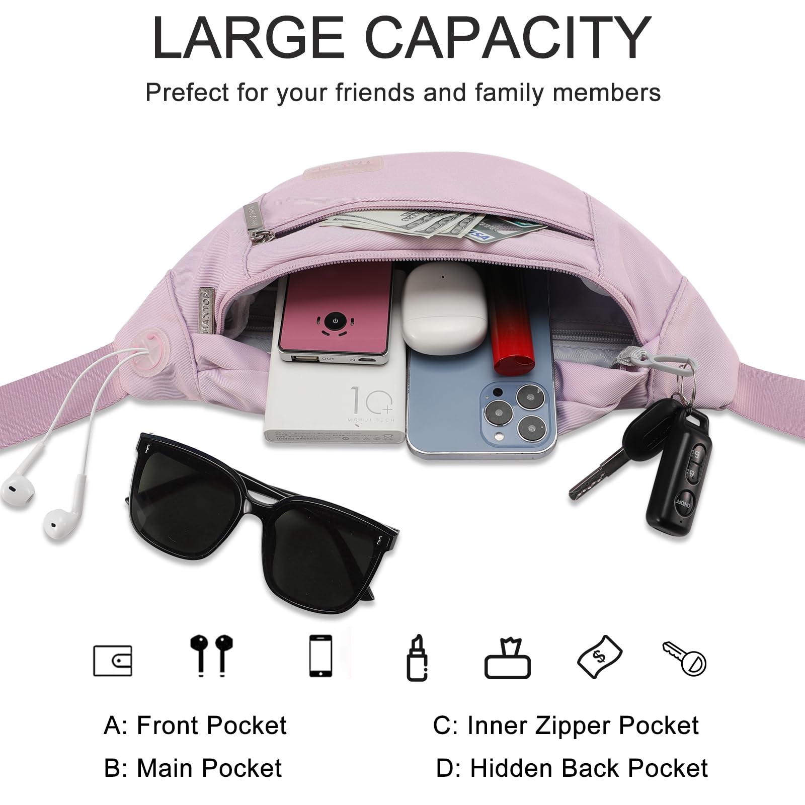 MAXTOP Marsupio grande per donna e uomo, marsupio con attacco per cuffie e 4 tasche con zip, cintura regolabile per ciclismo, corsa, jogging, viaggio, outdoor, allenamento