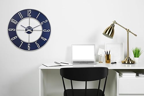 Miniatura 7 de Bulova Reloj de pared de gran tamaño de acero azul, modelo C4809, 27 pulgadas de diámetro, elegante acabado plateado y azul, diseño contemporáneo,