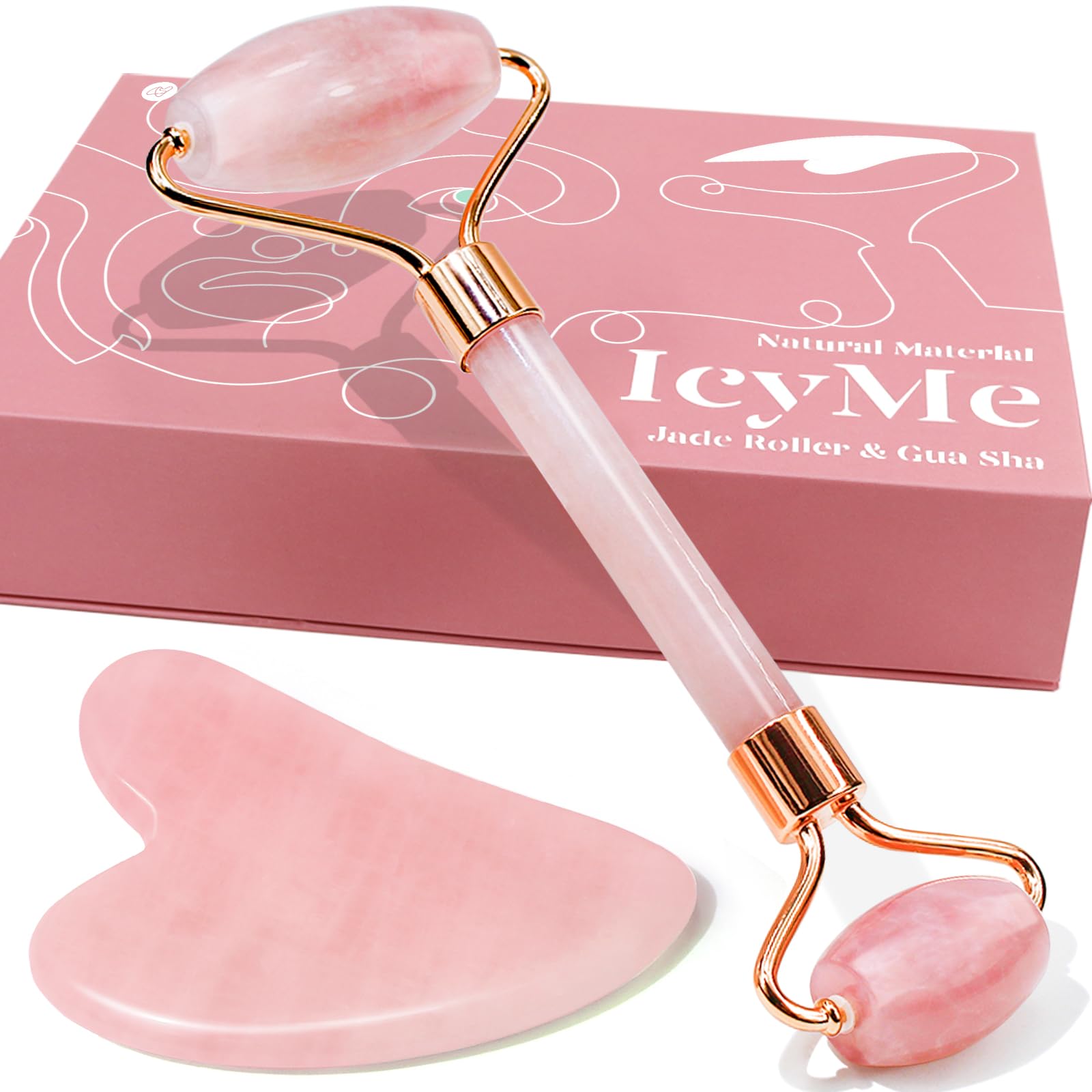 BAIMEI Gua Sha & Jade Roller, Rodillo Facial, Herramientas Faciales Gua Sha, Herramientas de Masaje para Cara, Ojos, Cuerpo, Regalos para Mujeres, Piel Reafirmante, Reduce la Hinchazón, Jade Natural