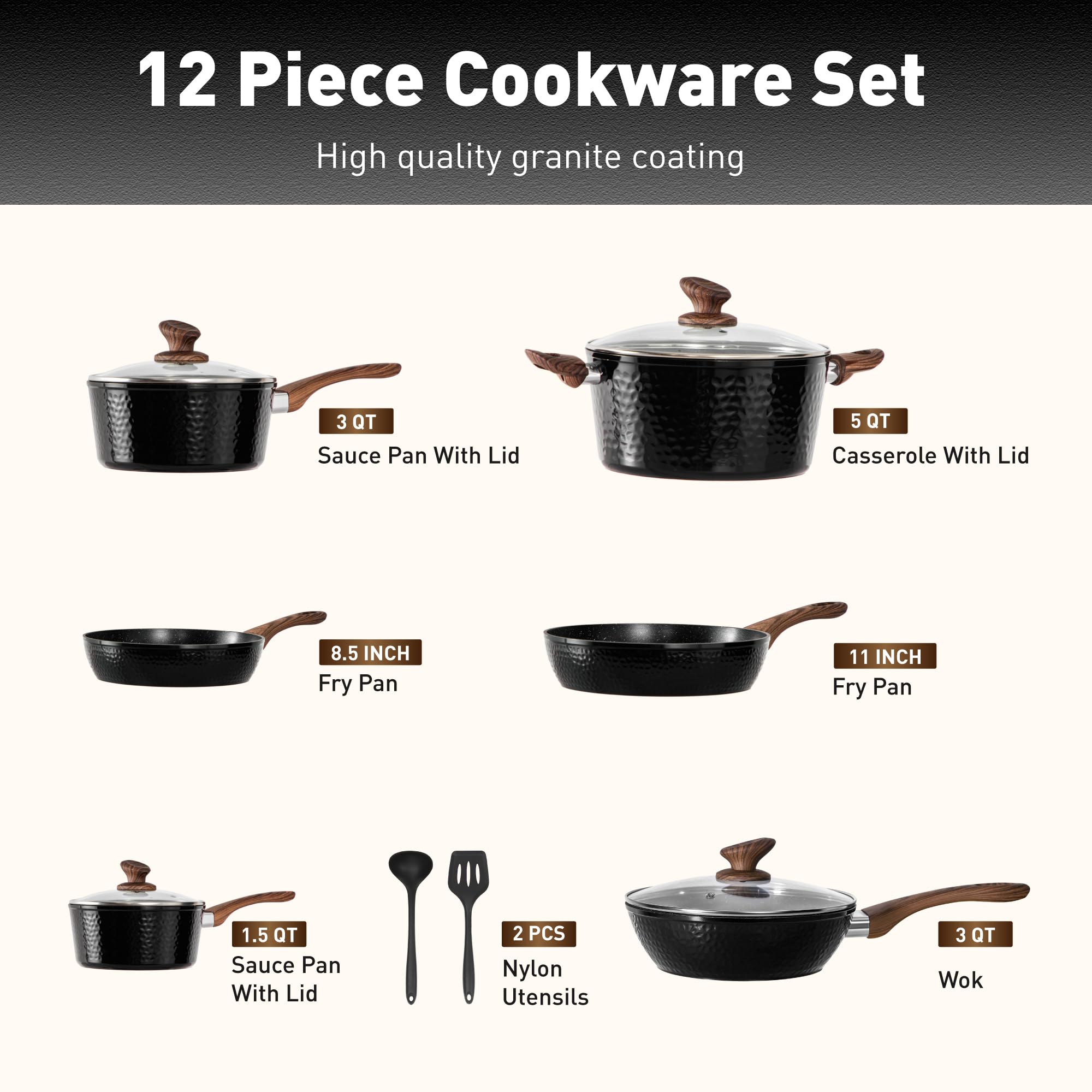 DishDelight Juego de Ollas y Sartenes Aluminio Antiadherente Sartene Wok Cacerola con Tapas para Todas las Cocinas Inducción