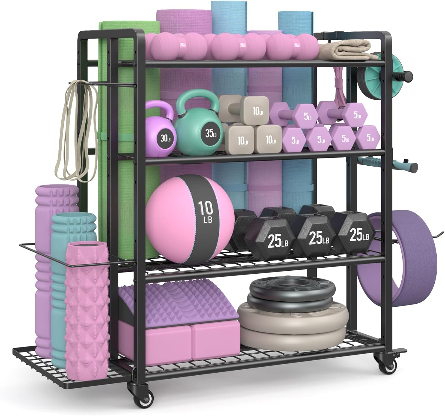 4-Tier Dumbbell Rack Stand Only, Adjustable Weight Rack for Dumbbells Kettlebells Yoga Mat, Home Gym Storage Rack with Wheels and Hooks, Powder Coated Finish