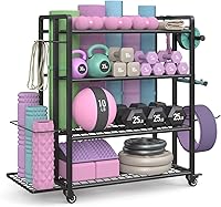 Vista 1 de 4-Tier Dumbbell Rack Stand Only, Adjustable Weight Rack for Dumbbells Kettlebells Yoga Mat, Home Gym Storage Rack with Wheels and Hooks, Powder