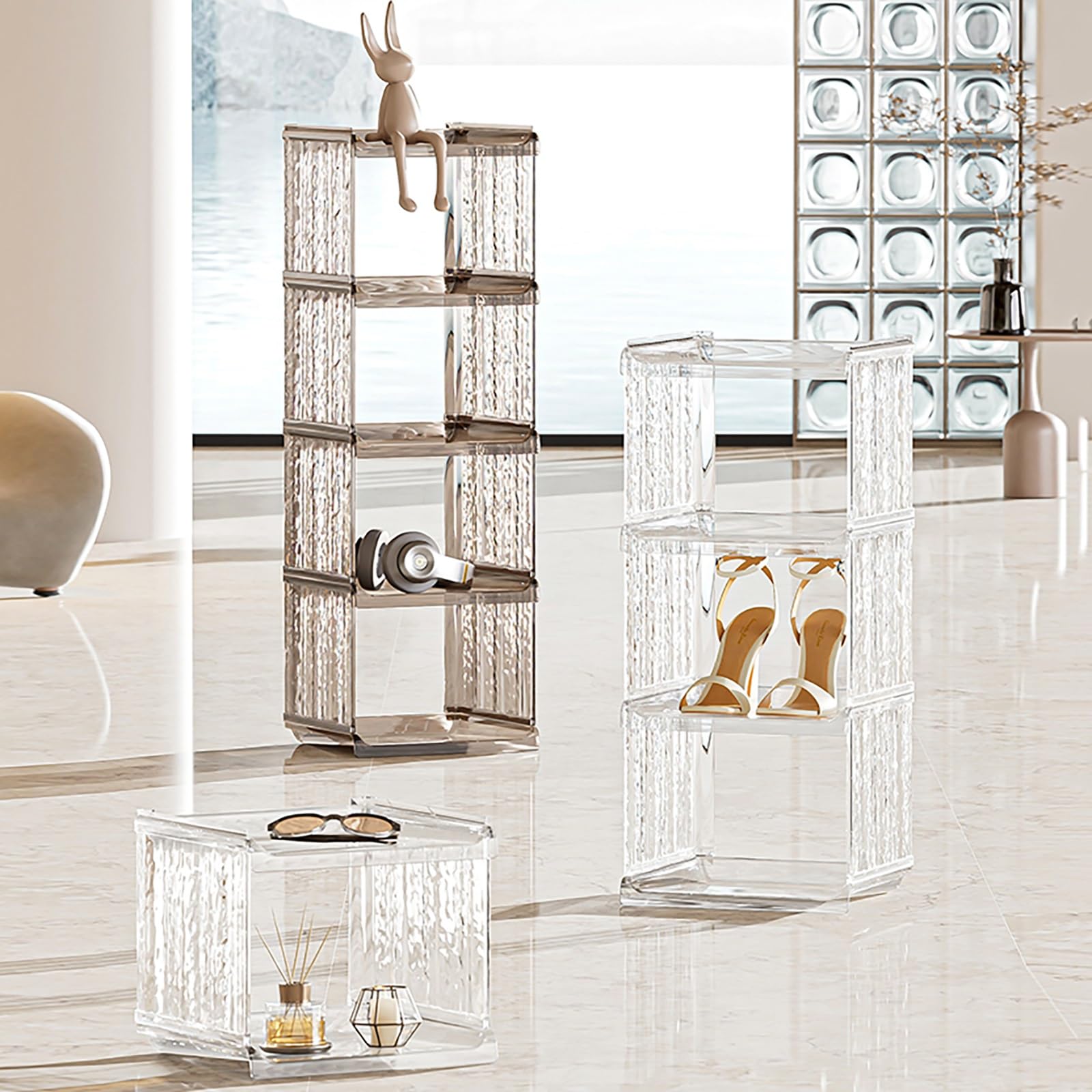 Zapatero modular, zapatero abierto, apilable, para entrada, sala de estar, dormitorio, ahorro de espacio, elegante solución de almacenamiento marrón